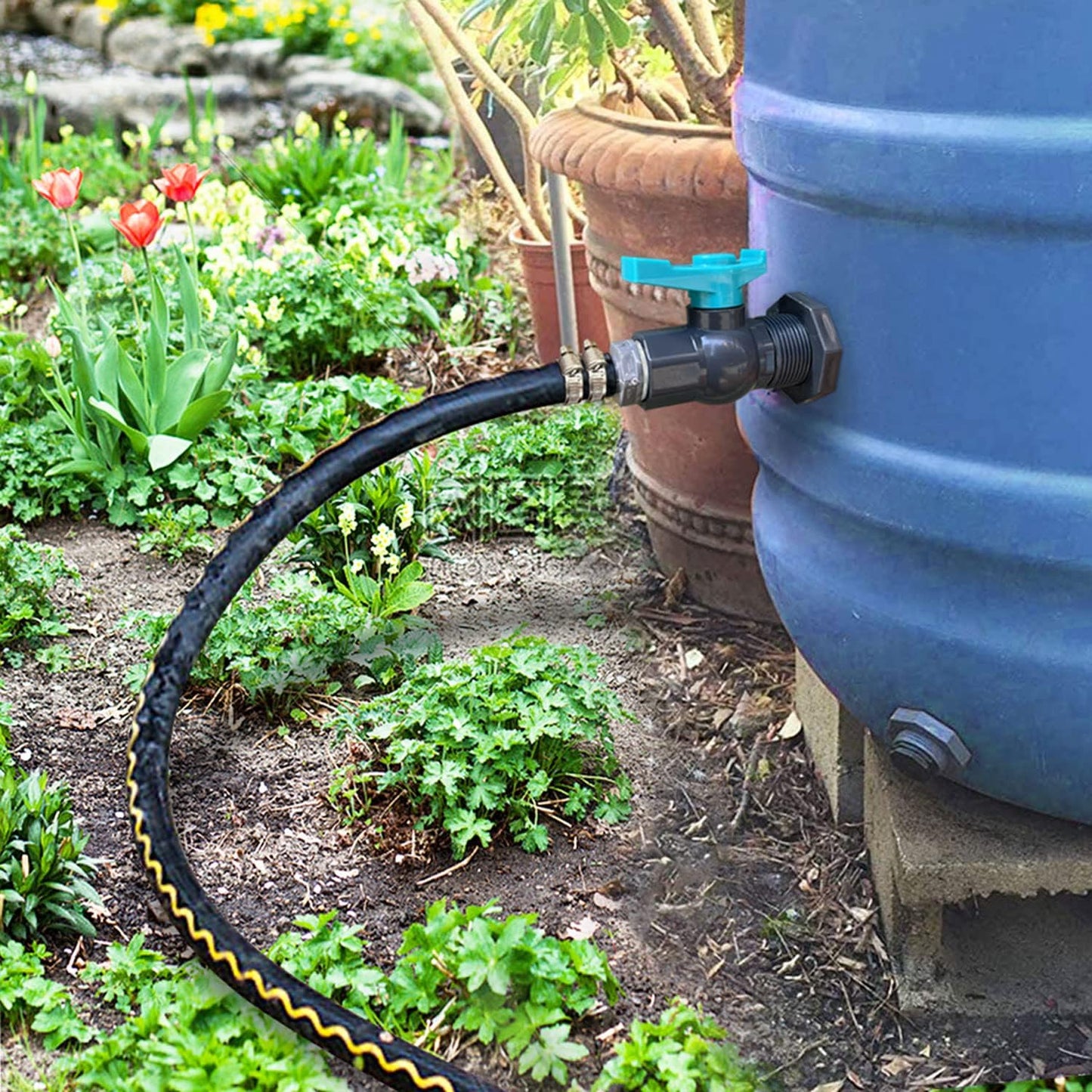 Rain Barrel Spigot PVC Faucet Kit Water Barrel Diverter Kit with Bulkhead Fitting,Ball Valve,Garden Hose Barb(12.5mm) Adapter,Pipe Clamps,Thread Seal Tape(kit for 12.5mm ID Hose)