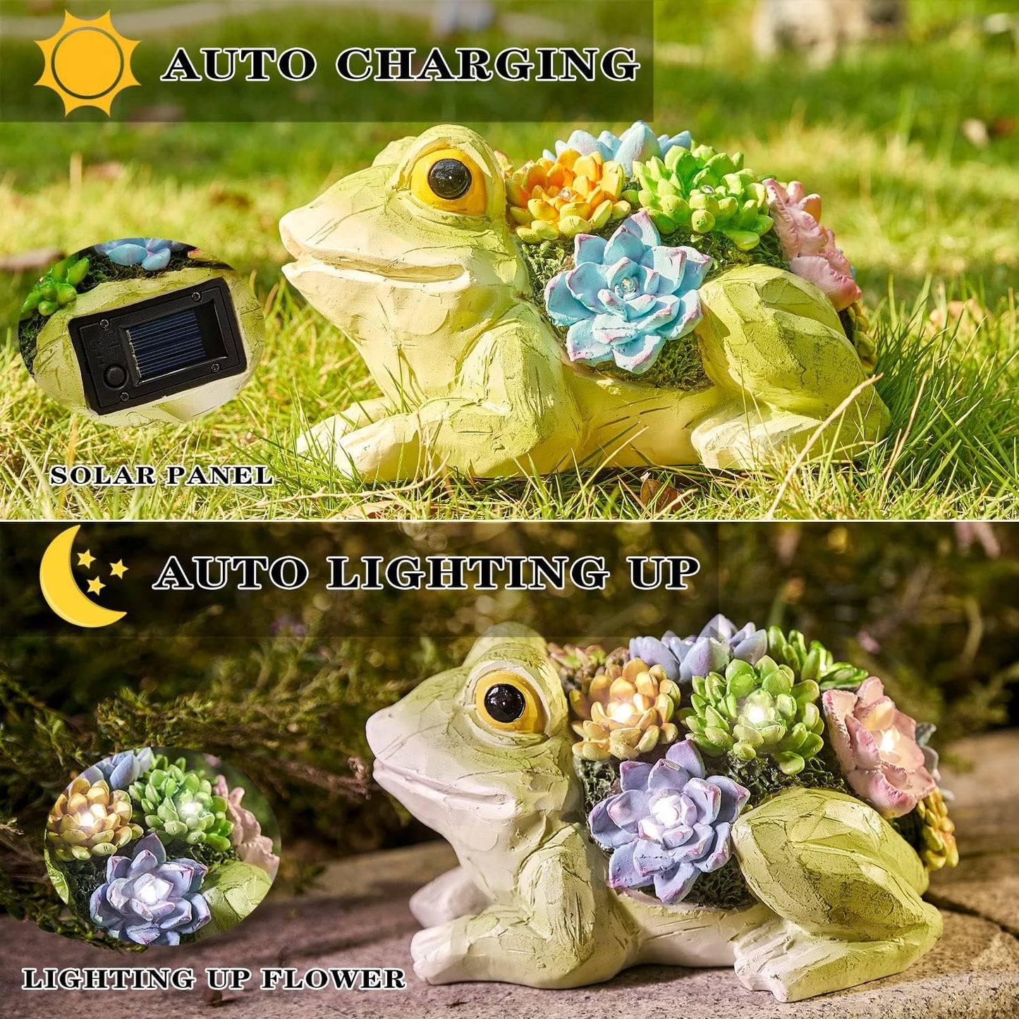 pearlstar Garden Statues, Frog Solar Statue Garden Decor Clearance, Cute Resin Frog Figurines with 7 LED Solar Lights Lawn Decorations for Patio Yard Gifts for Mom Grandma Housewarming