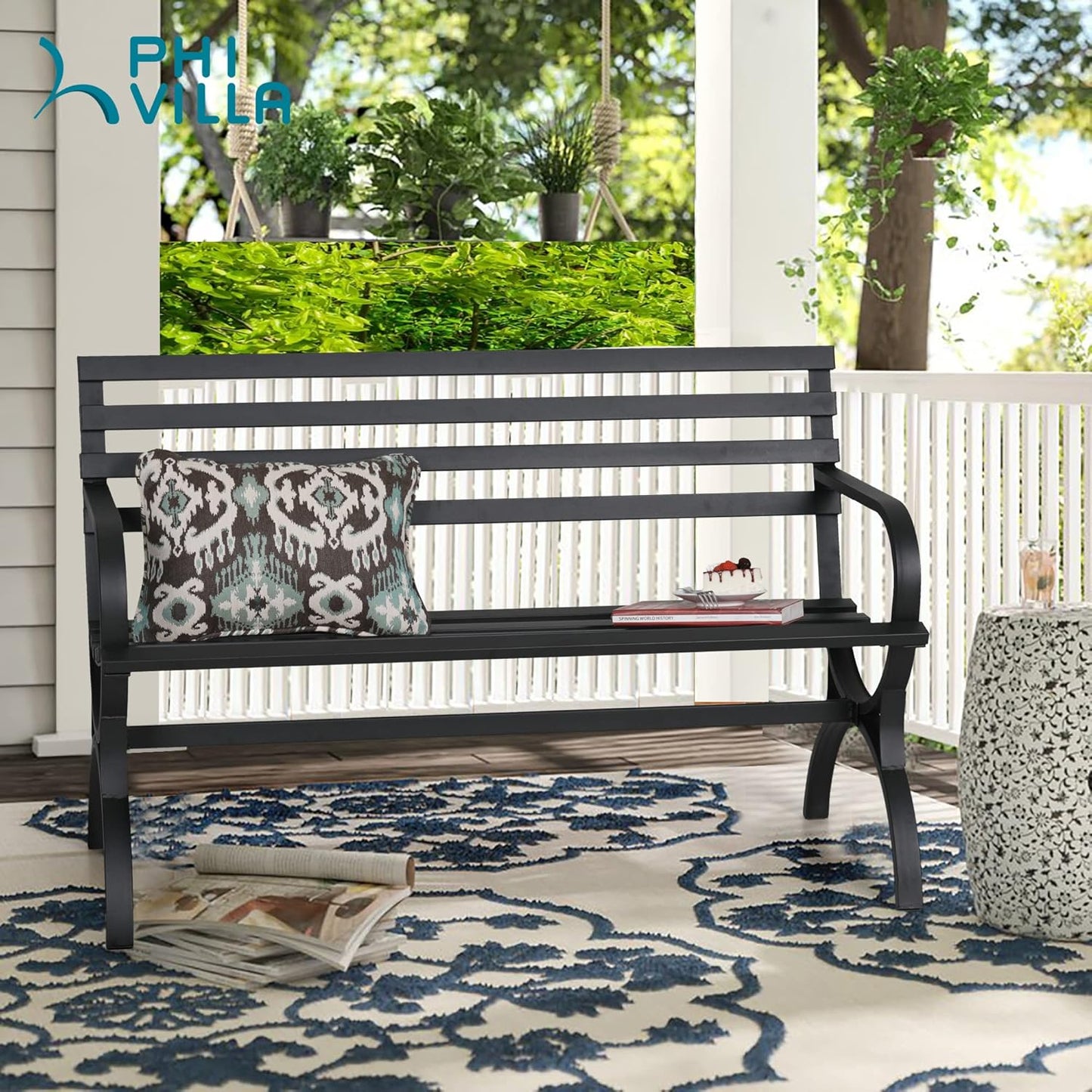 PHI VILLA Outdoor Garden Bench, 48” Long Metal Steel Bench with Backrest and Armrests, Modern Slatted Design for Patio, Lawn, Yard, Porch - Black