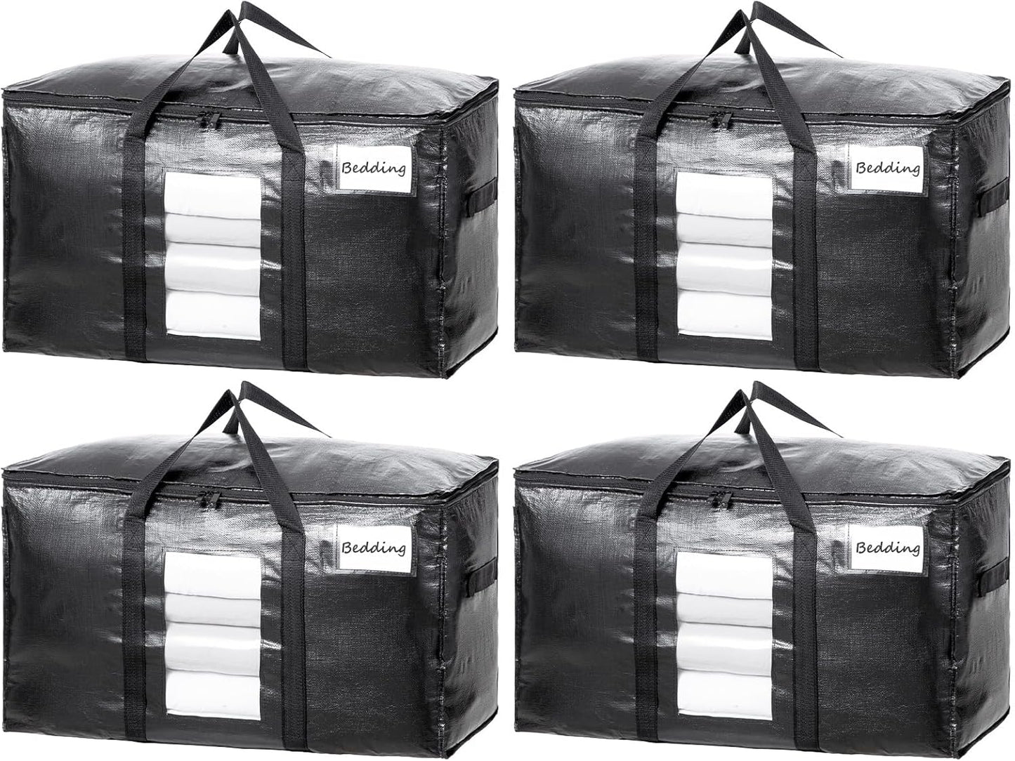 TAILI Extra Large Moving Bags, 4 Pack Black Heavy Duty Totes For Storage with Visible Window, Wrap Around Handles, Storage Bags for Space Saving, Alternative to Moving Boxes