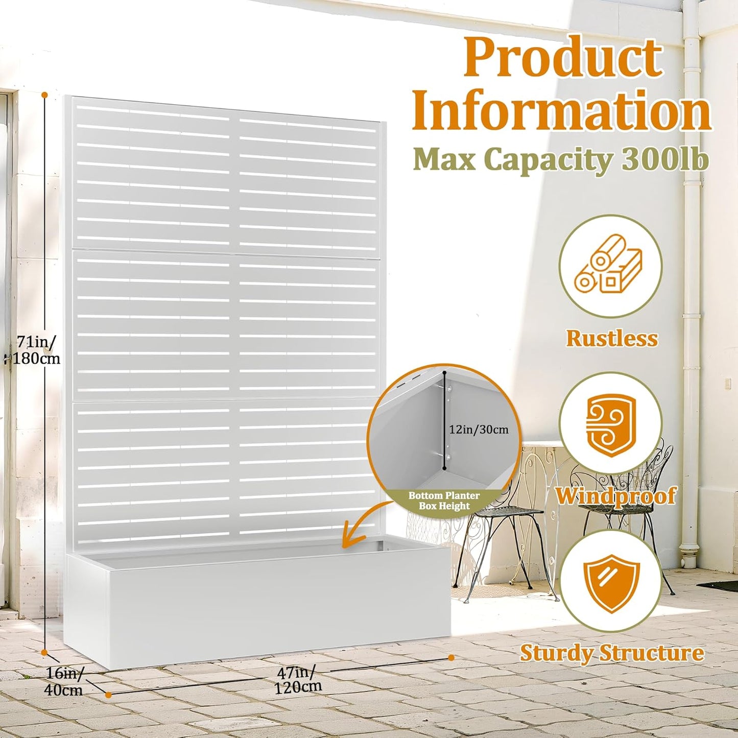 Metal Planter Box with Trellis, Heavy-Duty Raised Garden Bed for Climbing Plants, Drainage Hole, Outdoor Planter Box with Privacy Screen，47''L×16''W×71''H