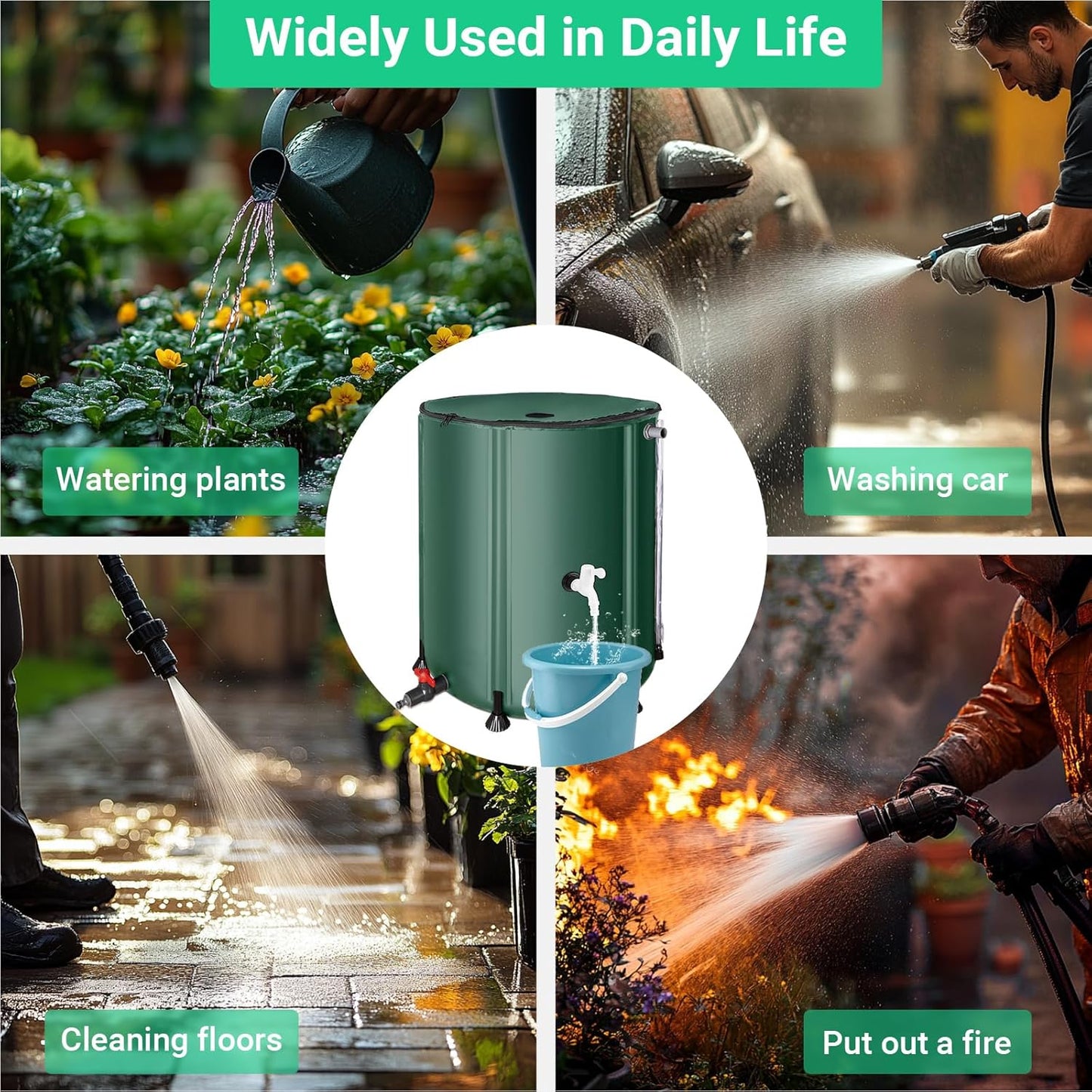 50 Gallon / 200L Collapsible Rain Barrel, Foldable PVC Rain Barrels to Collect Rainwater from Gutter, Portable Water Storage Tank Container with Hose Spigot, Water Catcher Collector Green