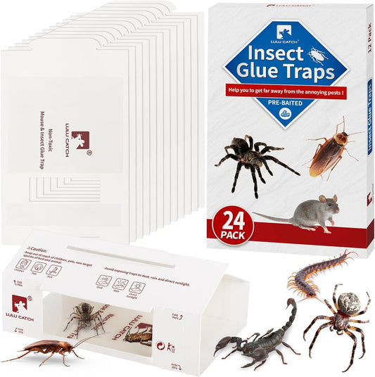 LULUCATCH Spider & Insect Glue Traps,24 Pack Pre-baited Cockroach Glue Boards, Non-Toxic Bulk Cricket Sticky Traps, Roach Trap Bug Catcher Indoor for Home Garage Scorpions, Flea, Centipedes
