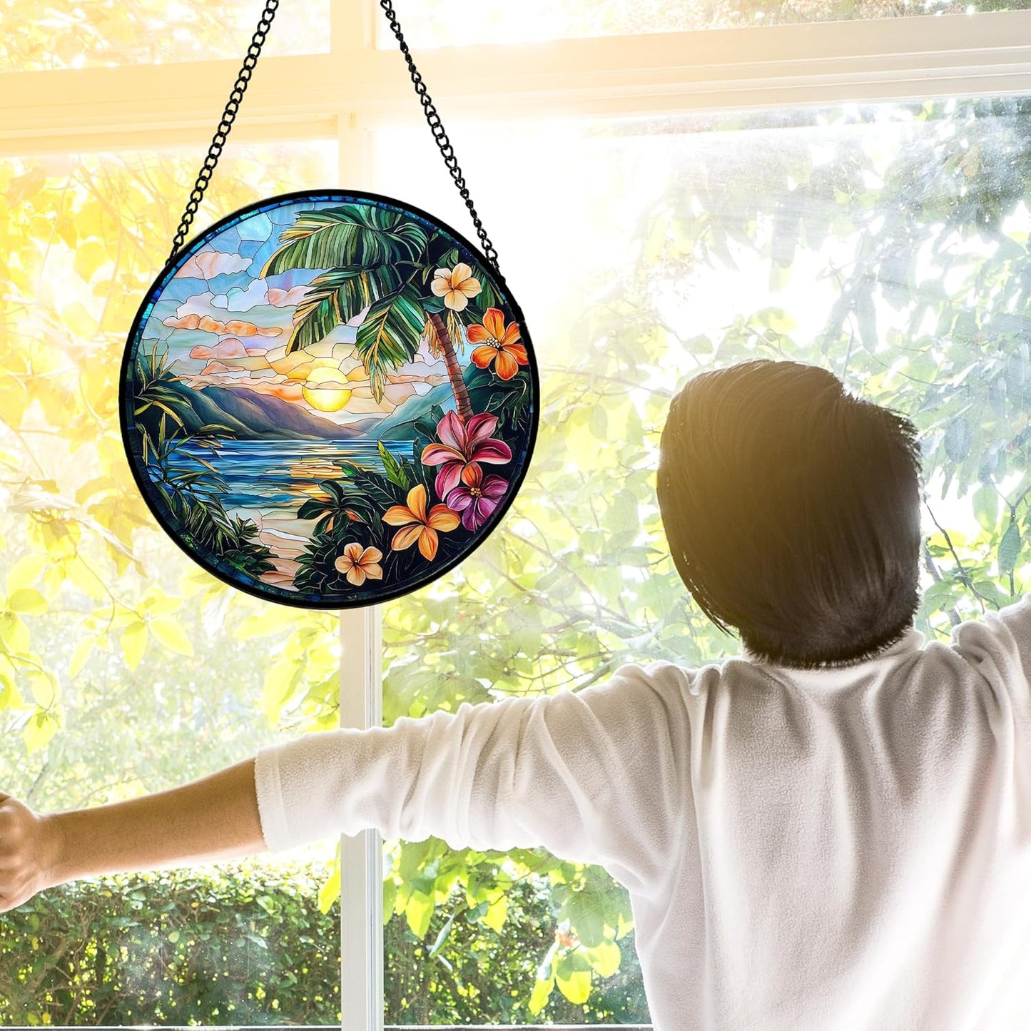 Stained Glass Window Hanging, Colorful Landscape Suncatcher for Doors Home Sun Catchers Decoration and Christmas, Mother's Day Birthday Gifts for Women, Men, and Mom 7.8 in