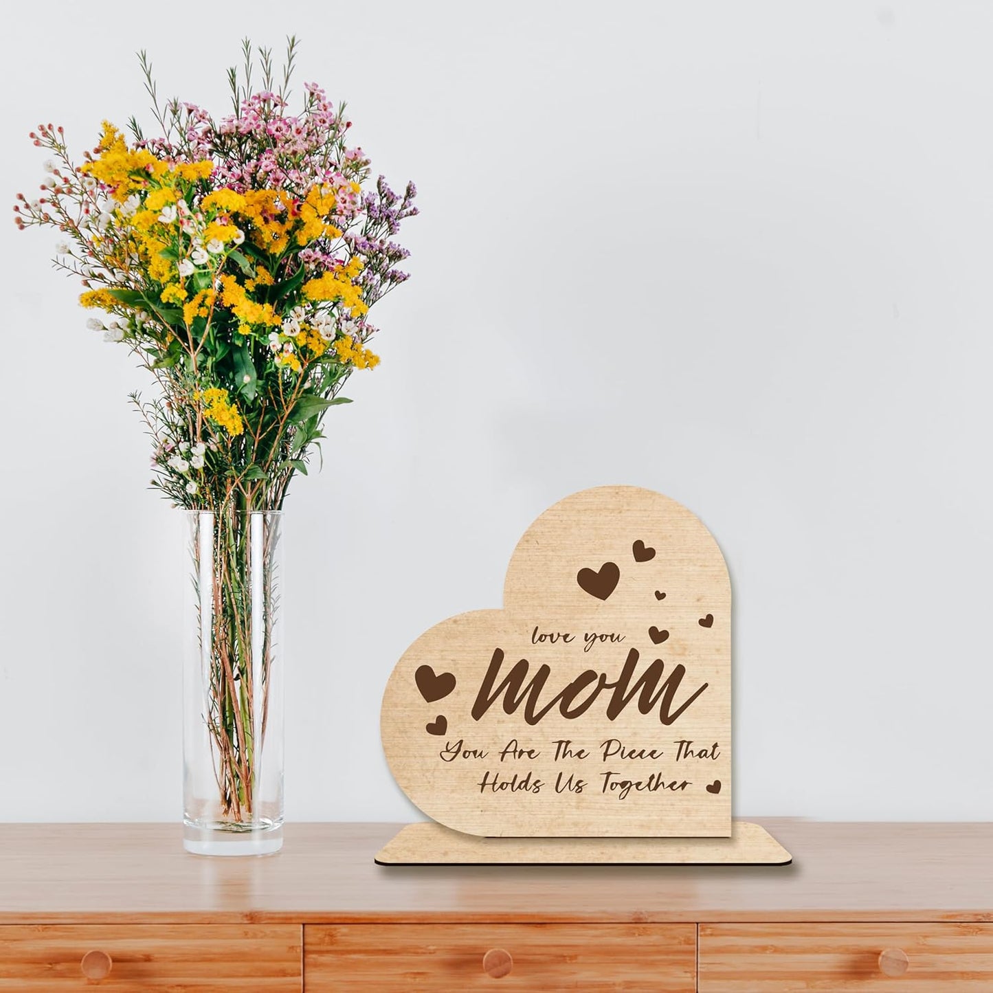 Mom Gift – “You Are The Piece That Holds Us Together” Heart-Shaped Wooden Plaque, Rustic Desk Decor, Sentimental Wooden Sign for Mother.(050)