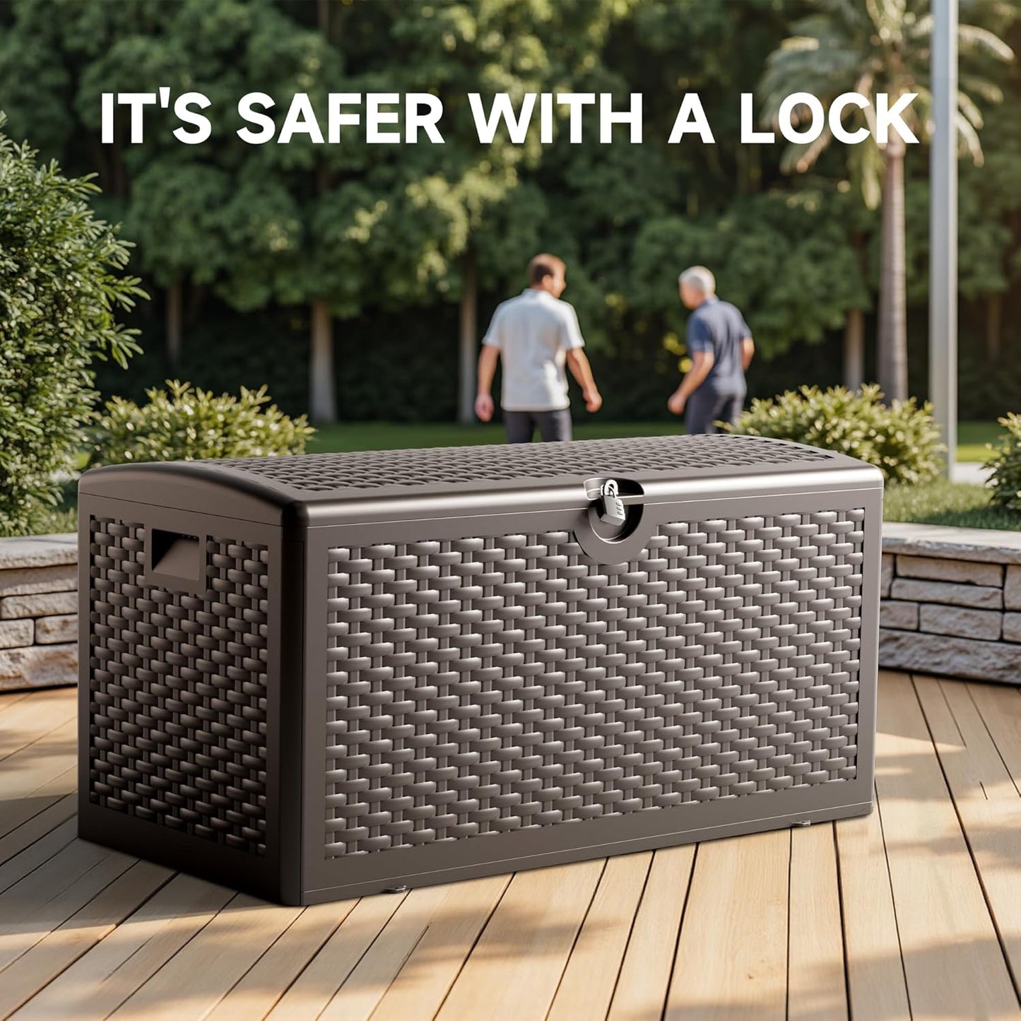 80 Gallon Deck Box, Double Layer Waterproof Resin Outdoor Indoor Storage Box, Lockable & UV Resistant Storage Bin for Patio Furniture, Garden Tools, Pool Accessories (Brown)