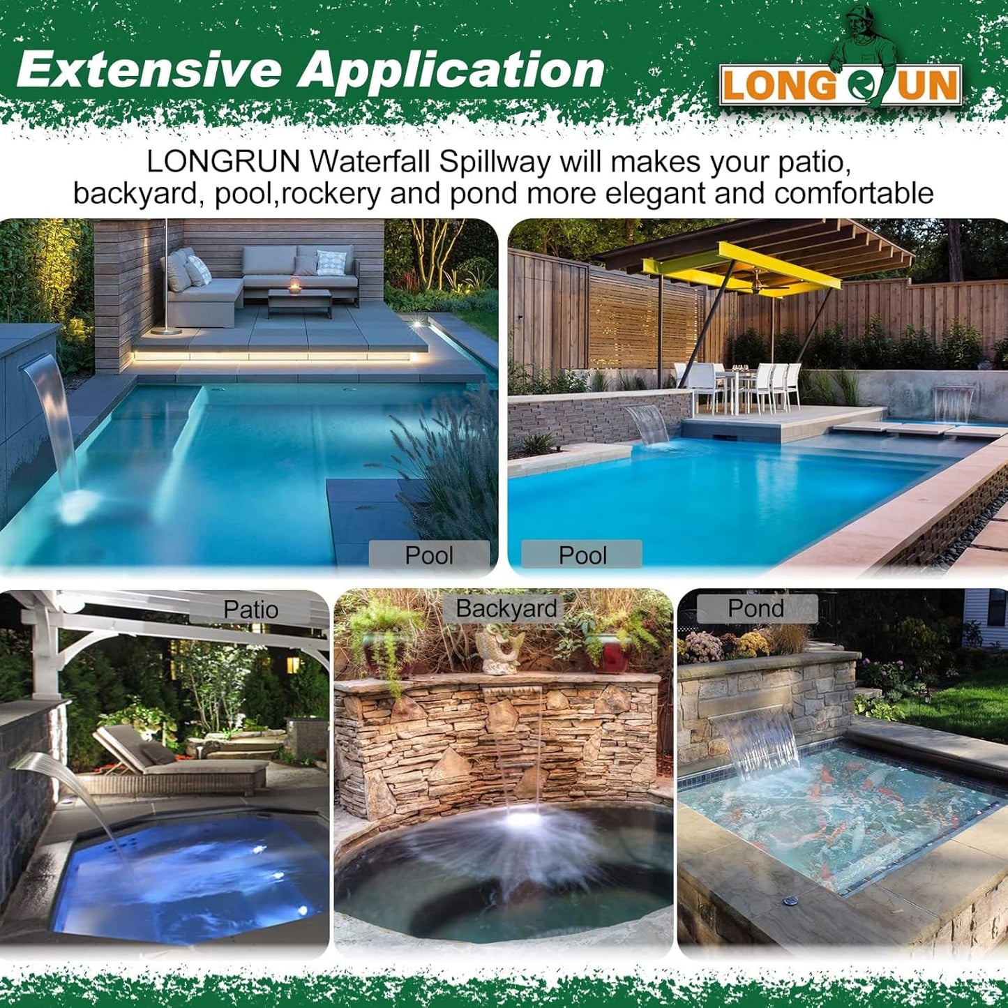 LONGRUN Acrylic Waterfall Spillway Multi-Color LED Light Pool Fountain, Water Spillway Outdoor Koi Pond Waterfalls Fountains Kit for Garden Koi Ponds Patio Swimming Pool Decoration-35.4"