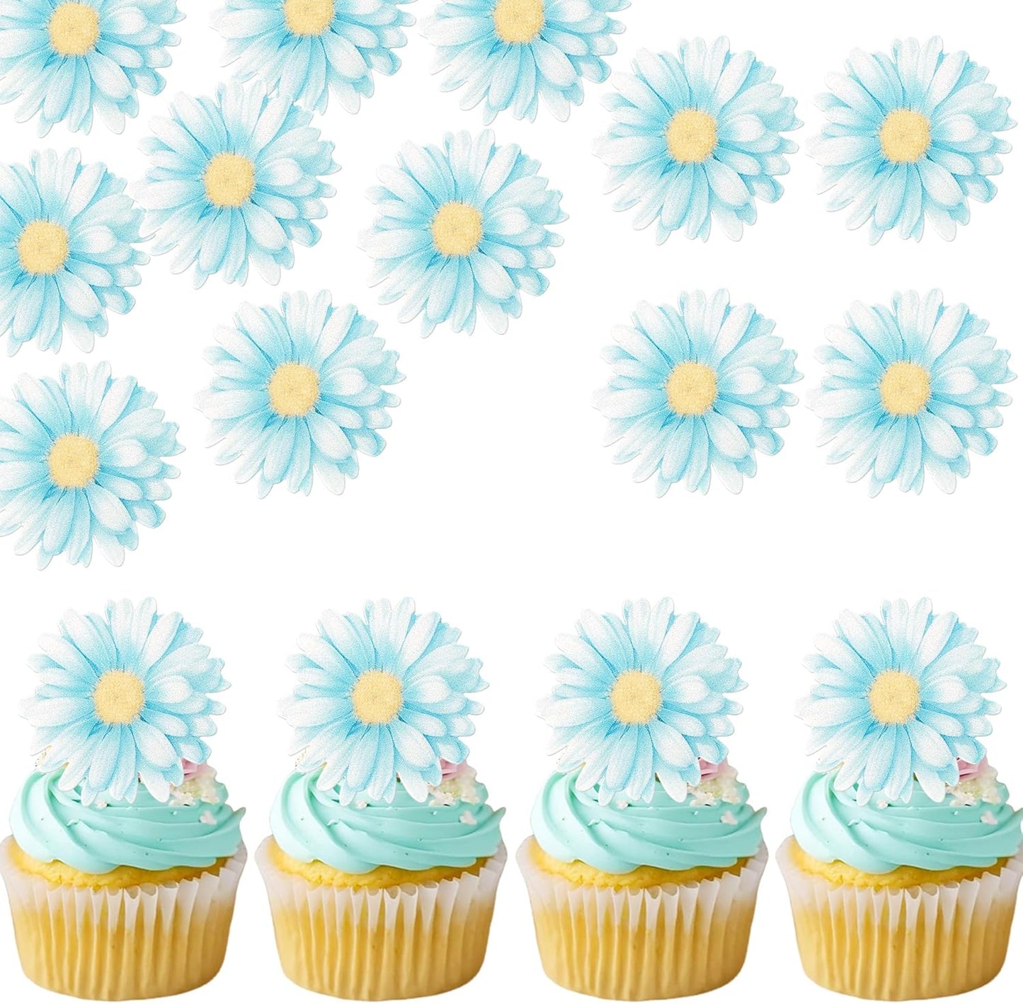 60 PCS Edible Daisy Cupcake Toppers Wafer Paper Daisy Cupcake Picks Edible Daisies Wildflower Birthday Party Decorations for Baby Shower Wedding Birthday Party Cake Food Decorations Supplies Blue