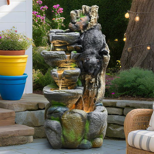 39" Outdoor Garden Water Fountain with Lights 5 Tiers Cascading Large Waterfall Floor Standing Fountain for Patio, Backyard, Deck, Porch and Home Art Decor