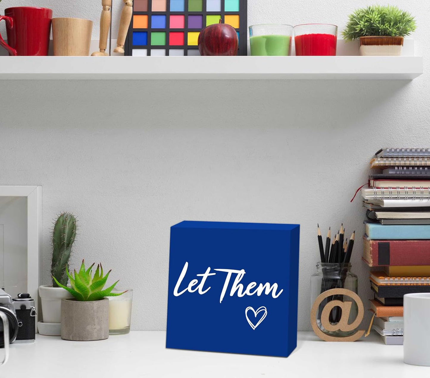Let Them Wooden Sign, Mental Health Quote Farmhouse Wood Box Sign 5 X 5", Let Them Office Desk Accessories for Cubicle Decor, Office Gifts for Coworkers Women, Office Decorations for Work (Blue)