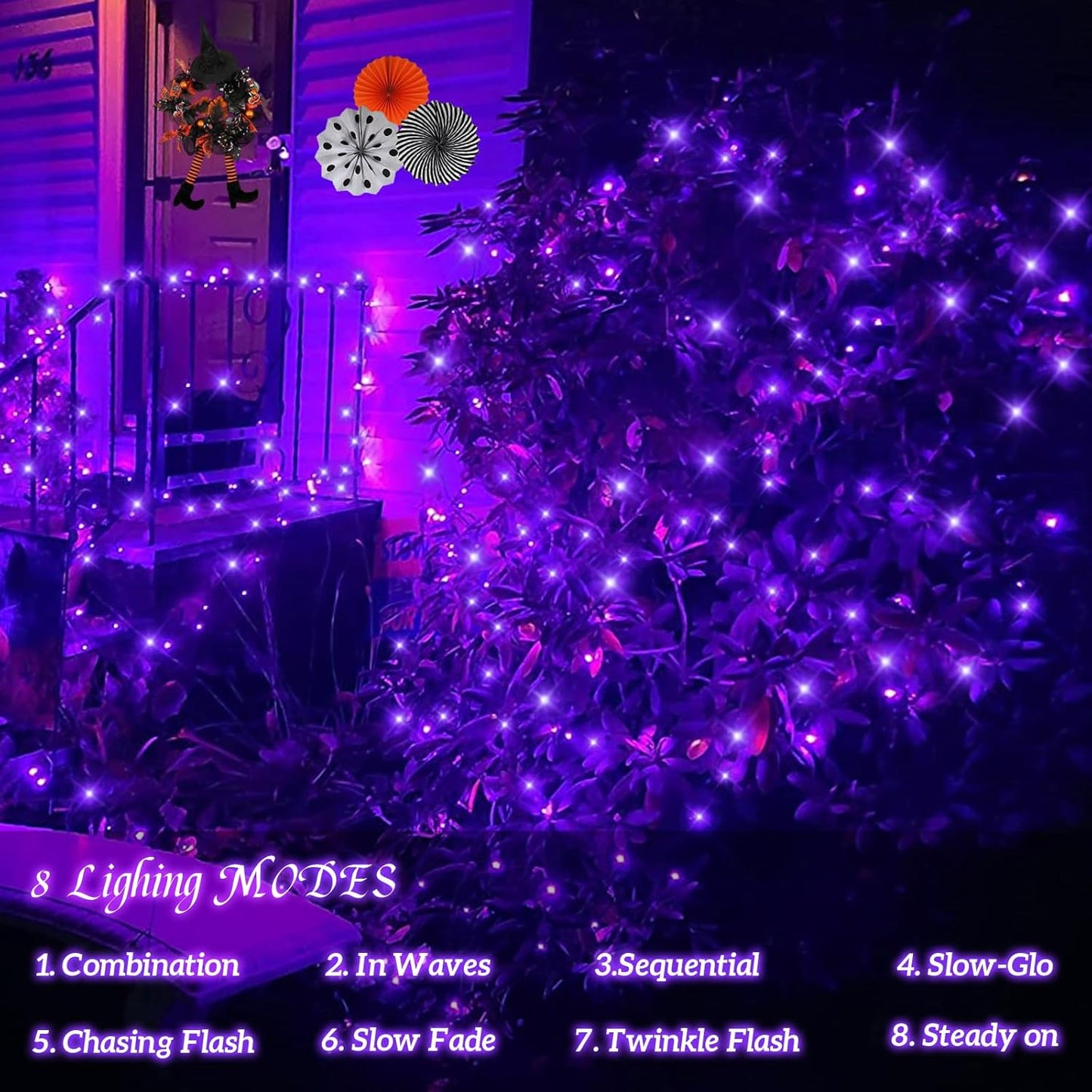 YEGUO Purple Halloween Lights Outdoor Waterproof, 4 Pack Each 33ft 100 LED Solar Fairy Lights, 8 Modes String Light for Outside