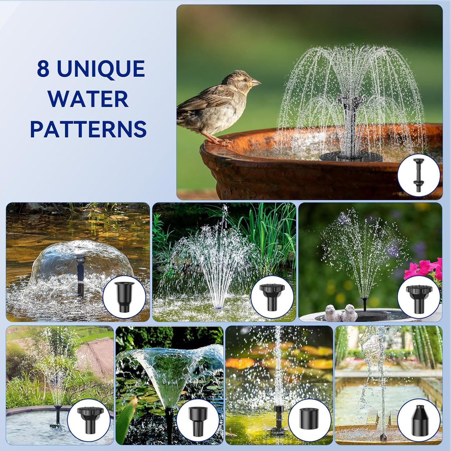 Antfraer Solar Fountain for Bird Bath, 8W Solar Water Fountain Pump with Dry-Run Protection & Double-Layer Nozzles, Solar Powered Fountain with 5Ft Tubing for Small Pond, Bird Bath,Water Feature-A108
