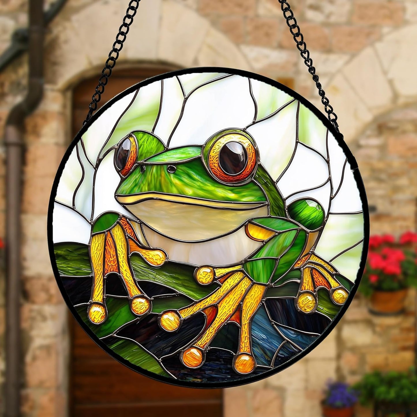 Stained Glass Window Hanging, Green Frog White Petals Sun Catchers Colorful Glass Panel Cute Suncatcher Decor for Birthday for Women, Men, Wife, Aunt, and Mom 11.8x11.8 in