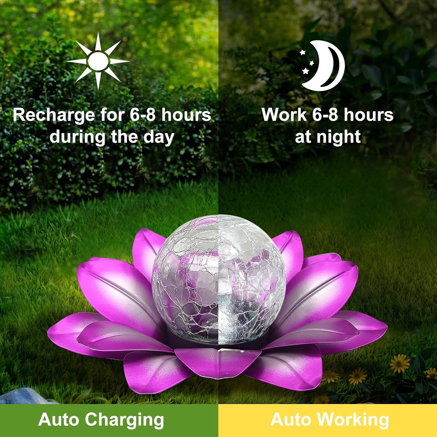 LEWIS&WAYNE Solar Garden Lights Outdoor, 3 Pcs Purple Lotus Flower Pathway Lamps with Cool White Crackle Glass Globe Led Lights for Patio Pathway Yard Balcony Garden Decorations