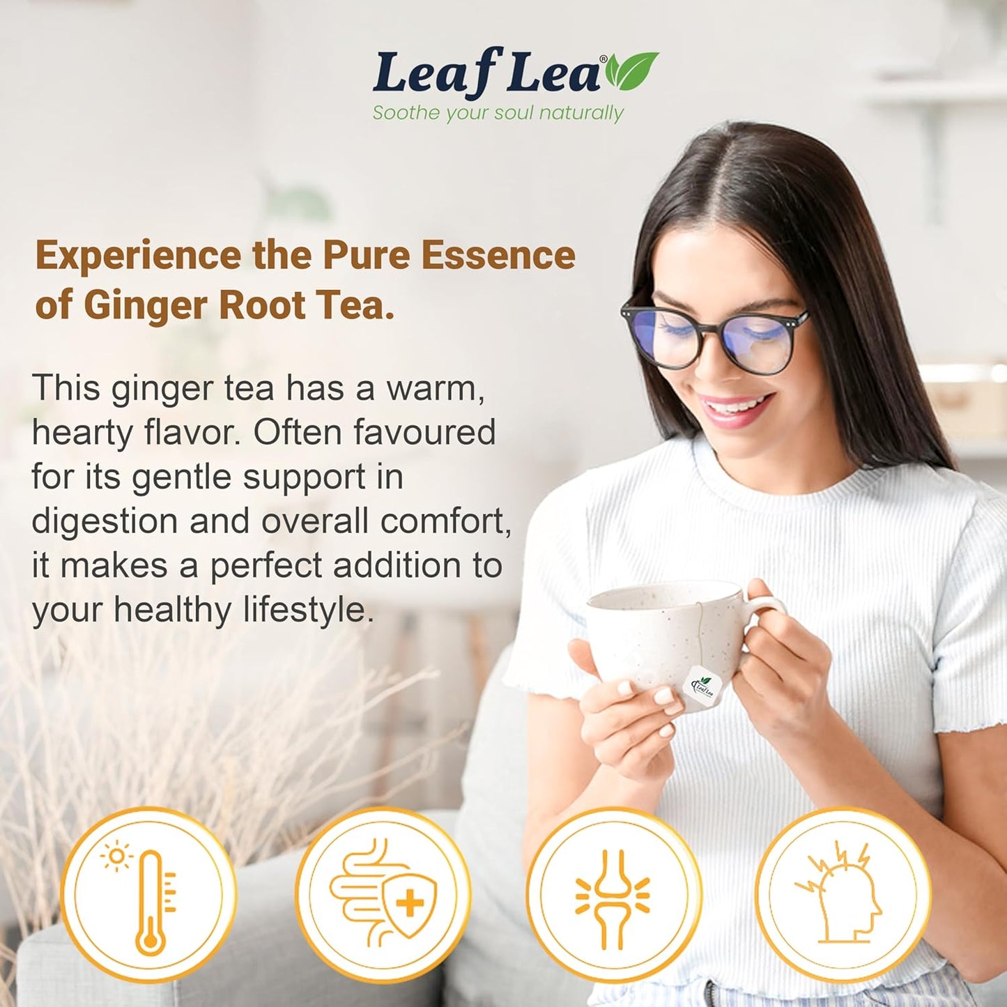 LeafLea 100% Pure Ginger Root Tea Bags – Spicy & Warming Herbal Tea, Supports Digestion & Immune Health, Individually Wrapped, Non-GMO, Caffeine Free, Sugar Free, No Gluten