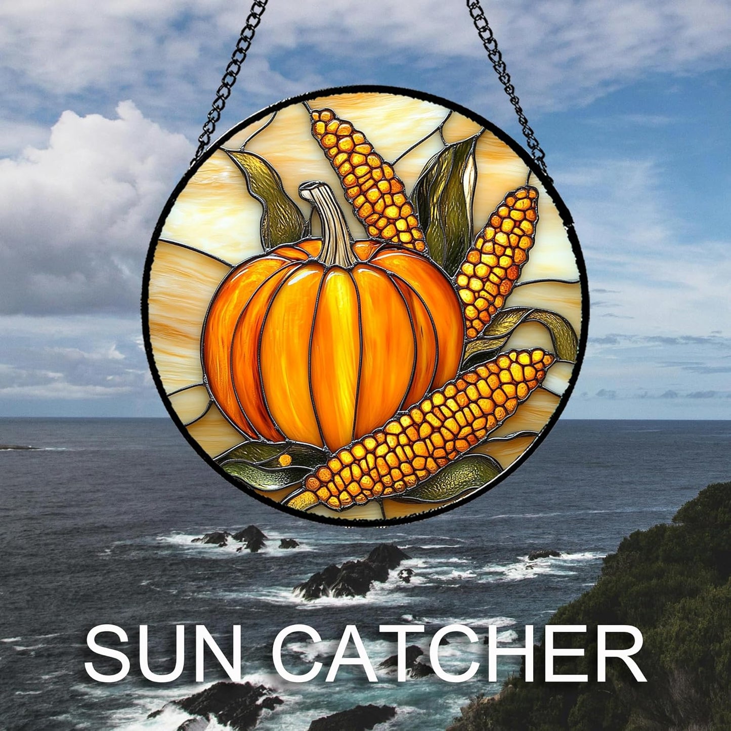 Stained Glass Window Hanging Autumn Harvest Pumpkin Corn 7.8" - Suncatcher Door Garden Kitchen Sunroom Sun Catcher Fall Home Decor Birthday for Mom Grandma Men Woman