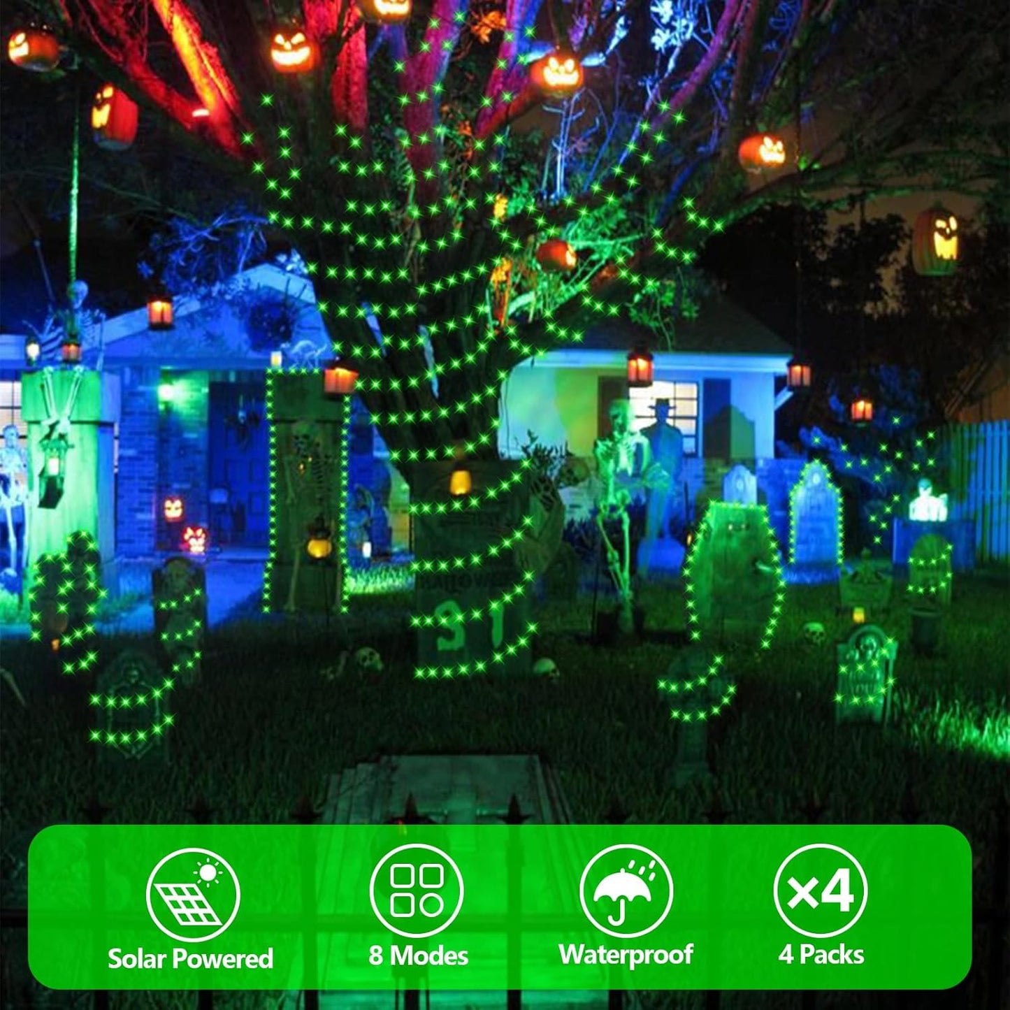 YEGUO Green Halloween Lights Outdoor Waterproof，4 Pack Each 33ft 100 LED Solar Fairy Lights, 8 Modes String Light for Outside