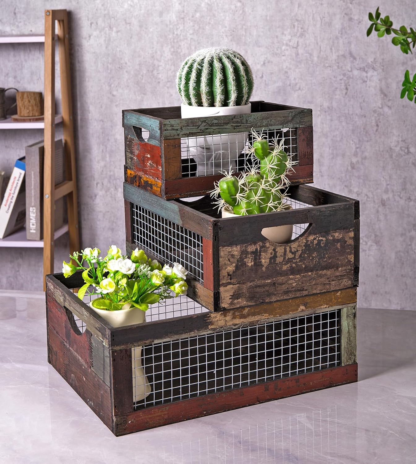 TIMRIS Set of 3 Rustic Wood Nesting Crates, Farmhouse Distressed Wooden Storage Boxes, Decorative Reclaimed Wood Organizer Baskets with Wire Mesh (Random)