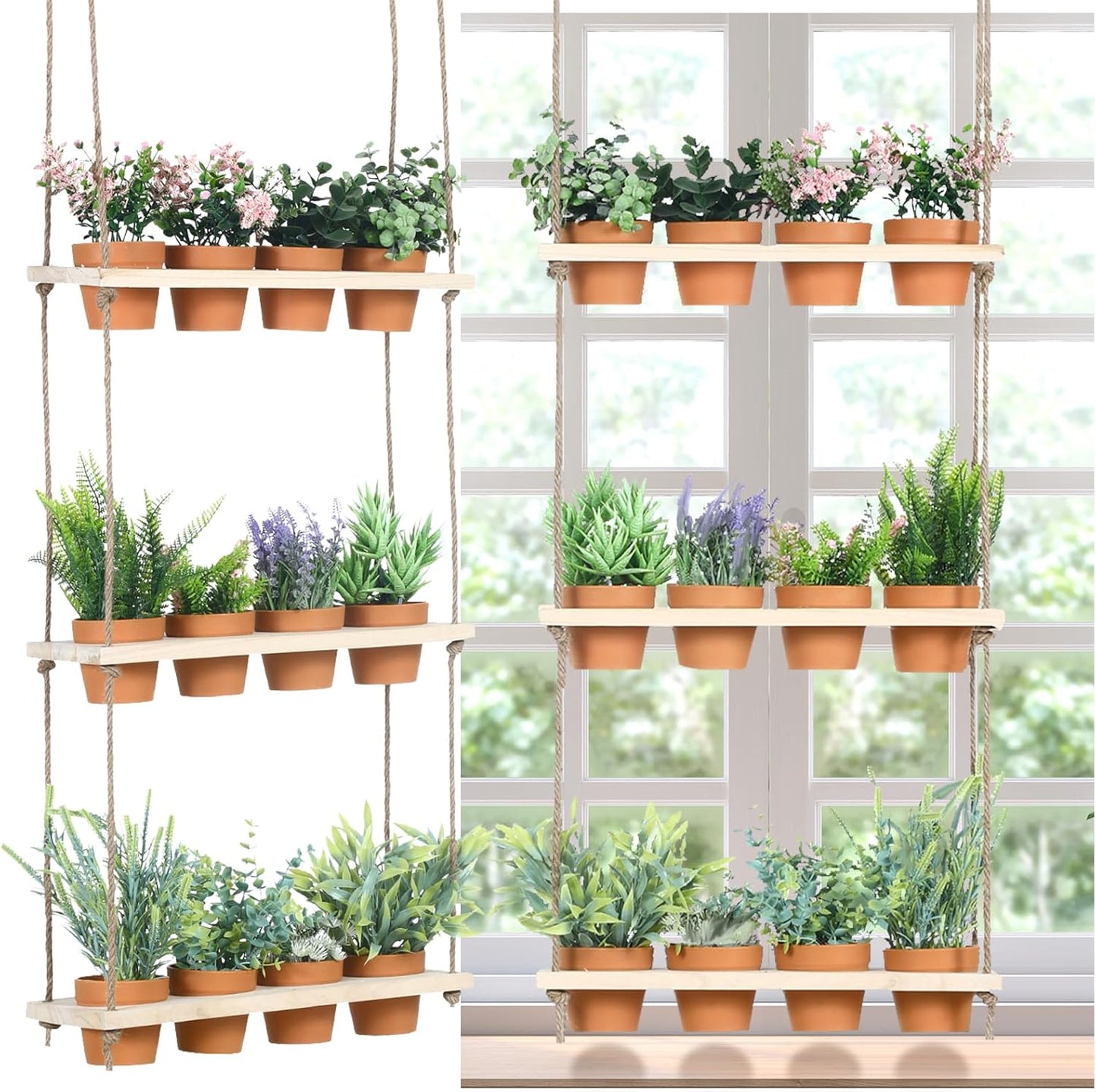 3 Tiered Hanging Herb Planters Hanging Herb Garden Wall with 12 Pcs Nursery Pot Wood Vertical Window Plant Shelf with Holes and Rope Plastic Flower Pots Spring Garden Indoor Kitchen