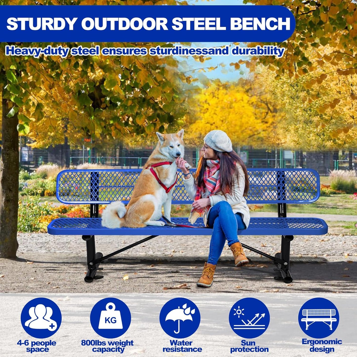 Outdoor Garden Bench, Cast Iron Metal Frame Patio Park Bench with Backrest, Portable Expanded Metal Black Bench, Commercial-Grade Outdoor Seating for Lawn, Patio, Park, Yard, Garden (Blue, 8FT/96'')