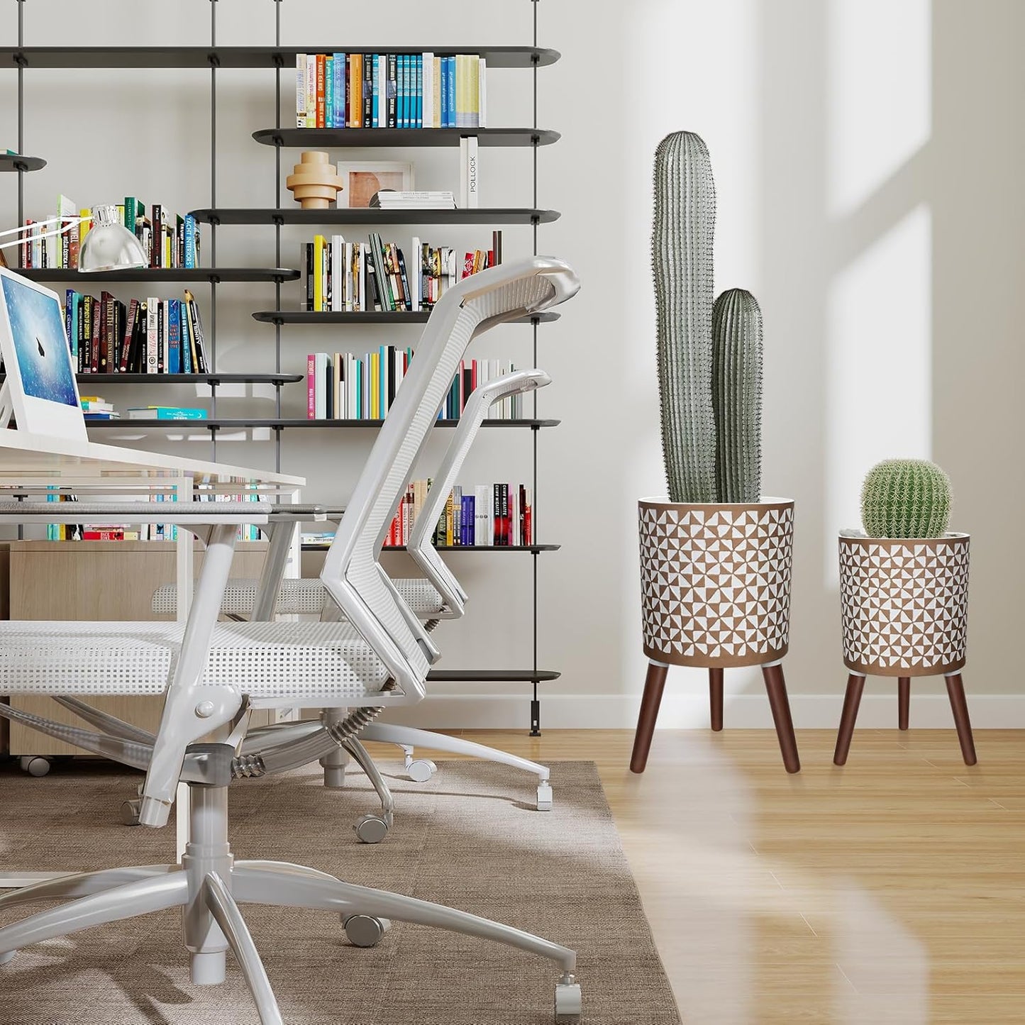 10 & 12 Inches Plant Pot with Stand, Large Modern Standing Planters for Indoor Outdoor Plants with Drainage Holes, Big Gold Floral Embossed Flower Pots with Legs