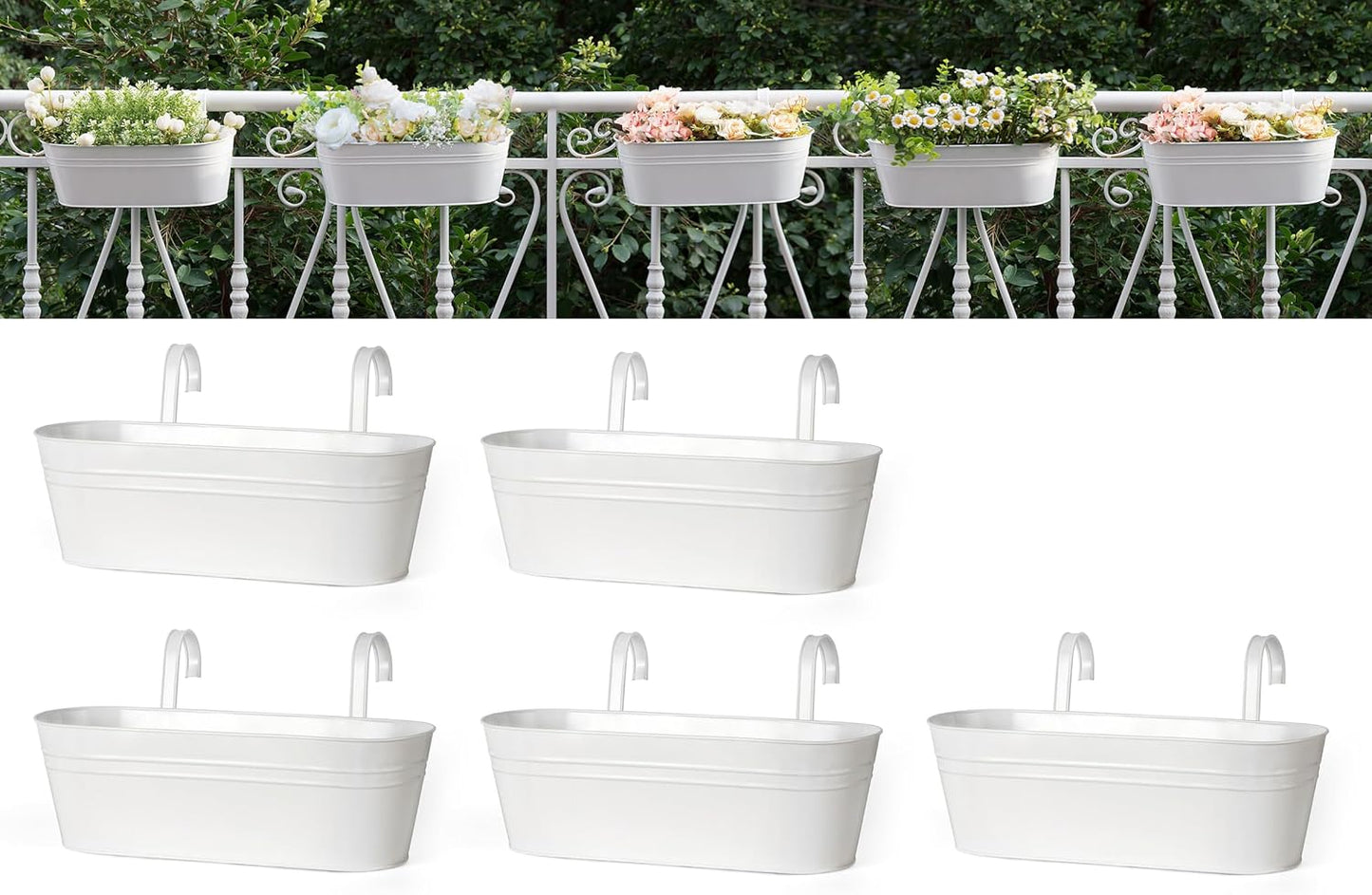Dahey 5 Pcs Metal Iron Hanging Flower Pots for Railing Fence 15.7 Inch Hanging Bucket Pots Countryside Style Window Flower Plant Holder with Detachable Hooks for Garden Yard Home Decor, White