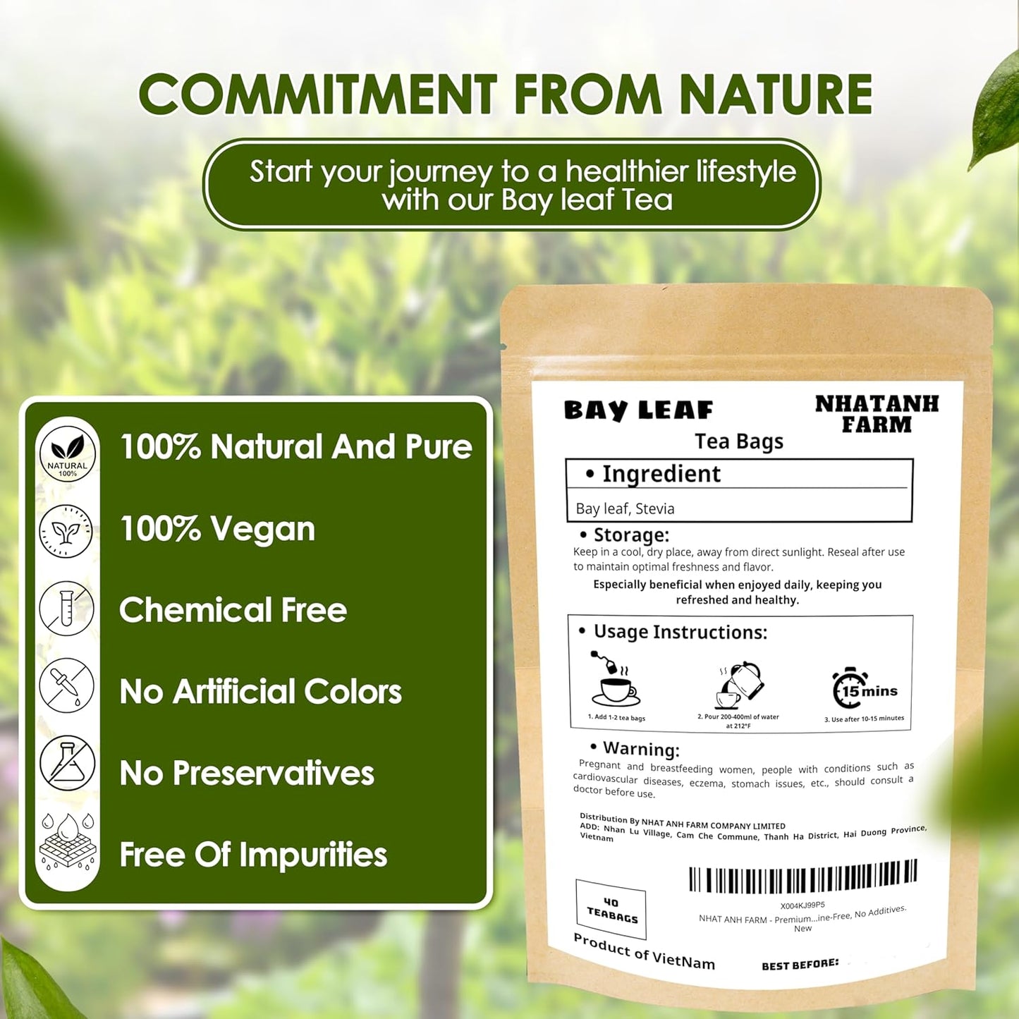 NHAT ANH FARM - Premium Bay Leaf Tea Bags, 100 Tea Bags, 100% Natural Dried Bay Leaf, Sugar-Free, Caffeine-Free, No Additives. Herbal Infusion For Daily Wellness