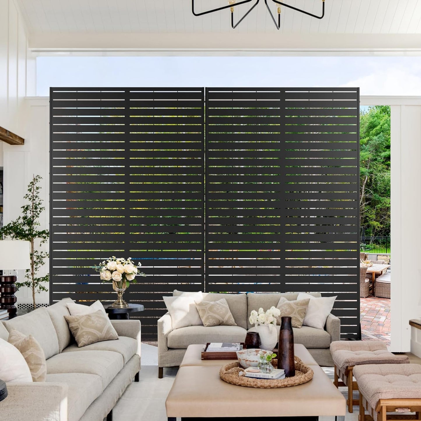 Metal Privacy Screen Outdoor 72" H×44" W,Freestanding Decorative Privacy Screen for Balcony Yard&Garden,Privacy Fence Black&Louvered(5 Panels)