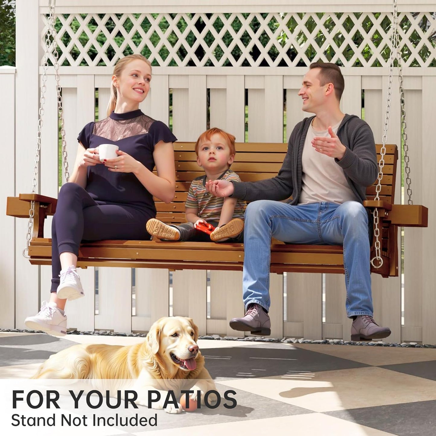 Wooden Outdoor Porch Swings, 3 Seater Front Porch Swing with Upgraded 22" Deep Seat, Heavy Duty 880 Lbs Swing Bench Chair for for Patio, Backyard, Garden (Teak Tone, 5 FT)