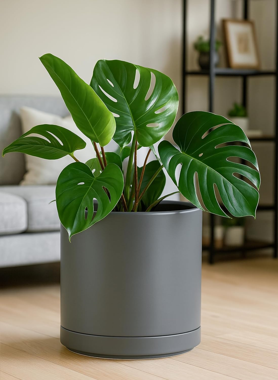 D'vine Dev 12 Inch Ceramic Planter Pot with Drainage Hole and Saucer, Indoor Cylinder Round Planter Pot, Speckled Grey, 94-O-F-3