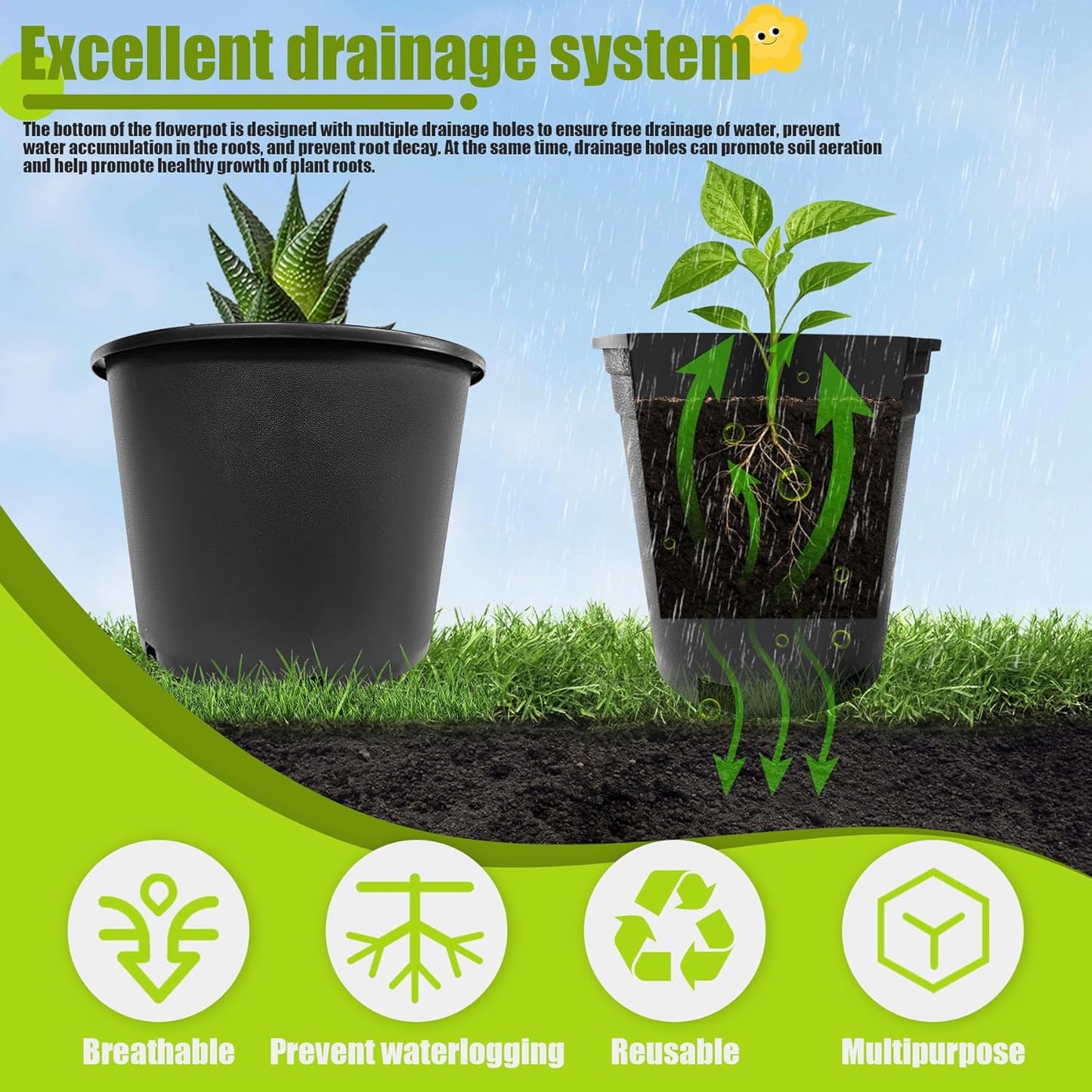 15 Gallon Nursery Pots Plastic Container Injection Molded Pot for Plants Flexible with Drainage Holes Suitable for Plants Soil Growers or Hydroponics Black 10 Pcs