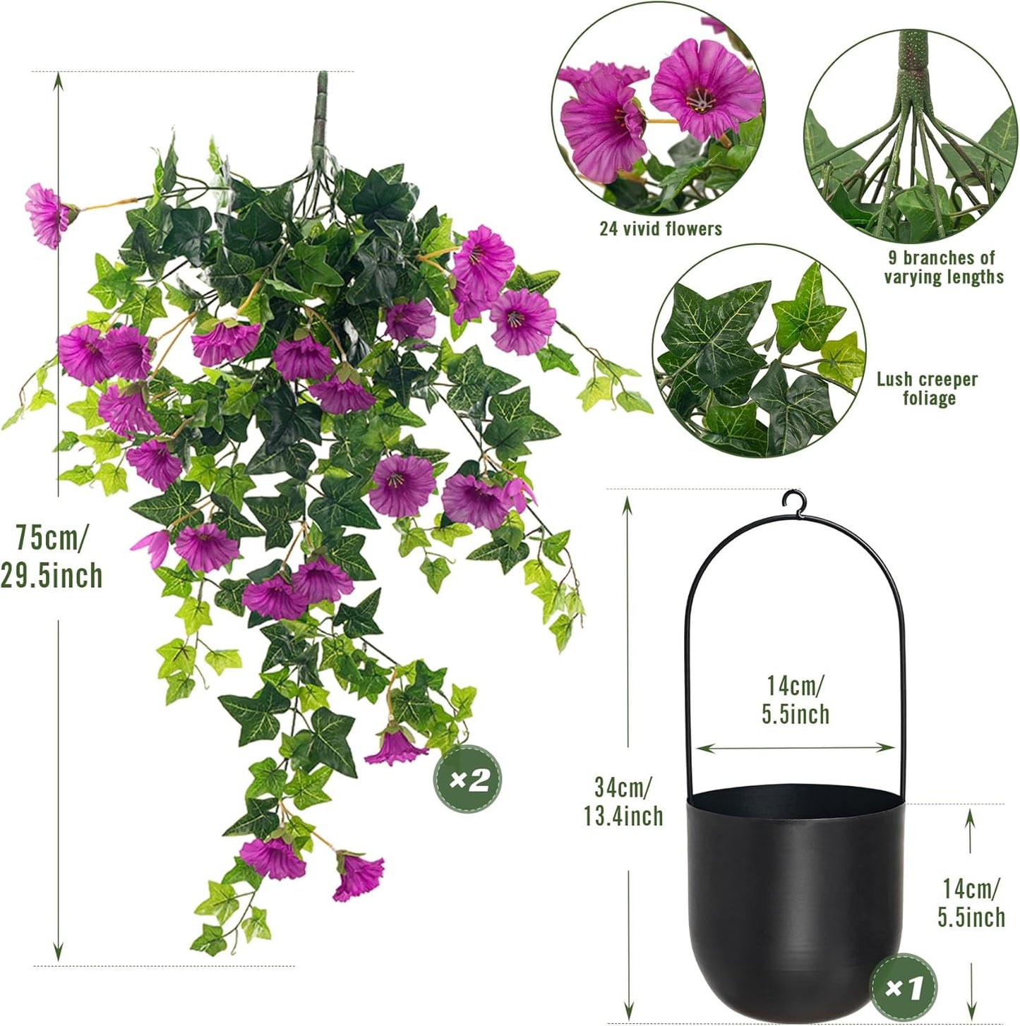 Artificial Petunias Hanging Flowers for Outdoors Uv Resistant Fake Petunias Plants Hanging Flower Patio Decor Outside Basket Realistic Silk Petunias Plant (with Pot Purple 2 PCS)