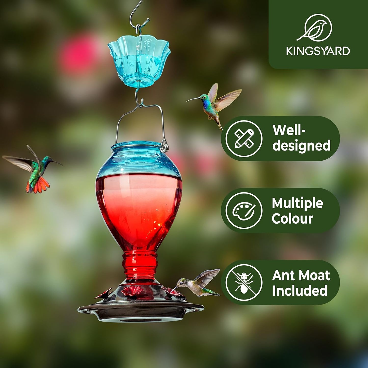 Kingsyard Glass Hummingbird Feeder - 6 Bee Guard Feeding Ports & Ant Moat, 24 oz Leak Proof, Wild Bird Feeder for Outdoors Hanging, Easy to Clean & Refill, Garden Yard Décor, Red & Blue