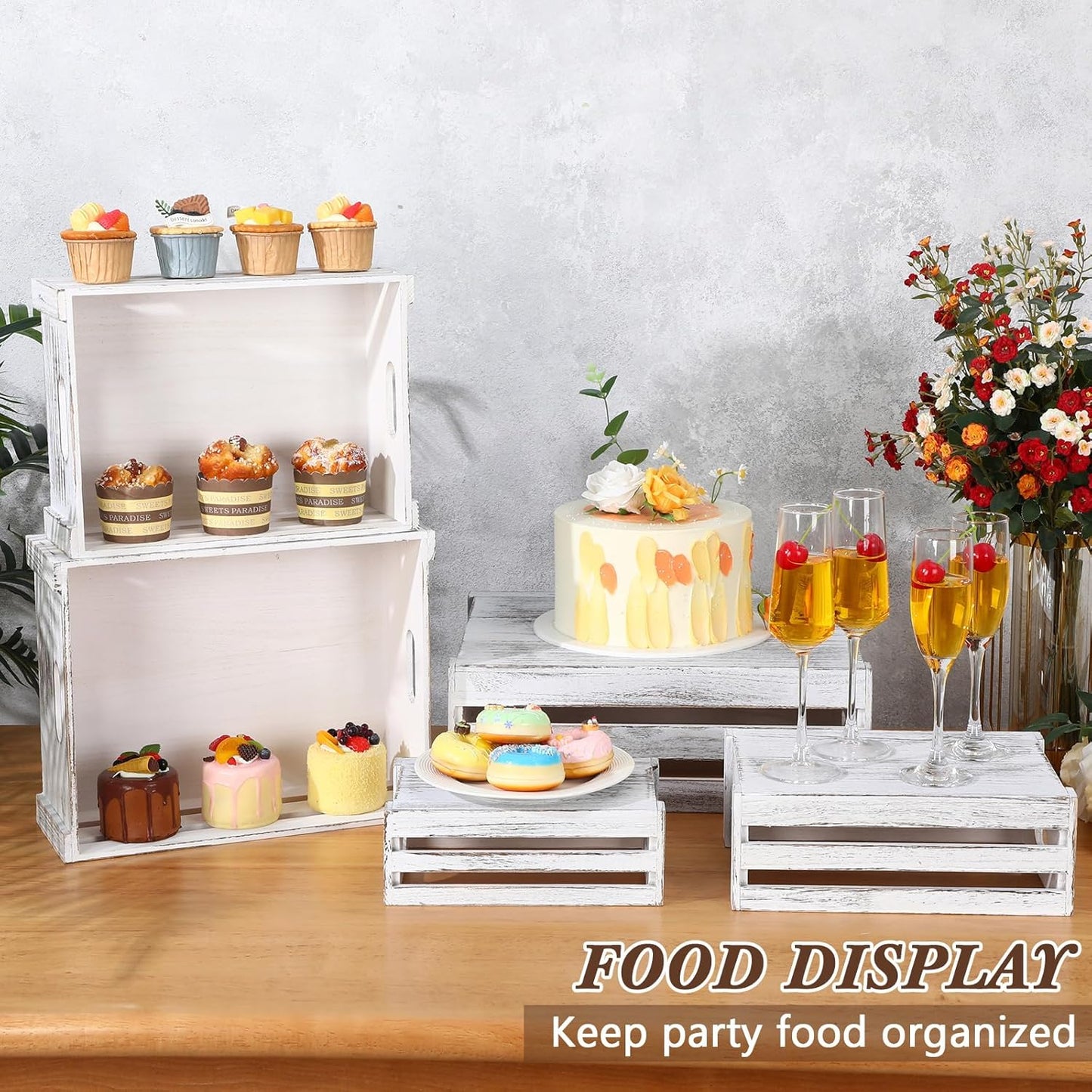 5 Pack Decorative Wood Crates for Display 5 Sizes Rustic Nesting Wooden Crates Vintage Storage Container Boxes with Handles Handmade Decorative Baskets Bin for Farmhouse(Vintage White)