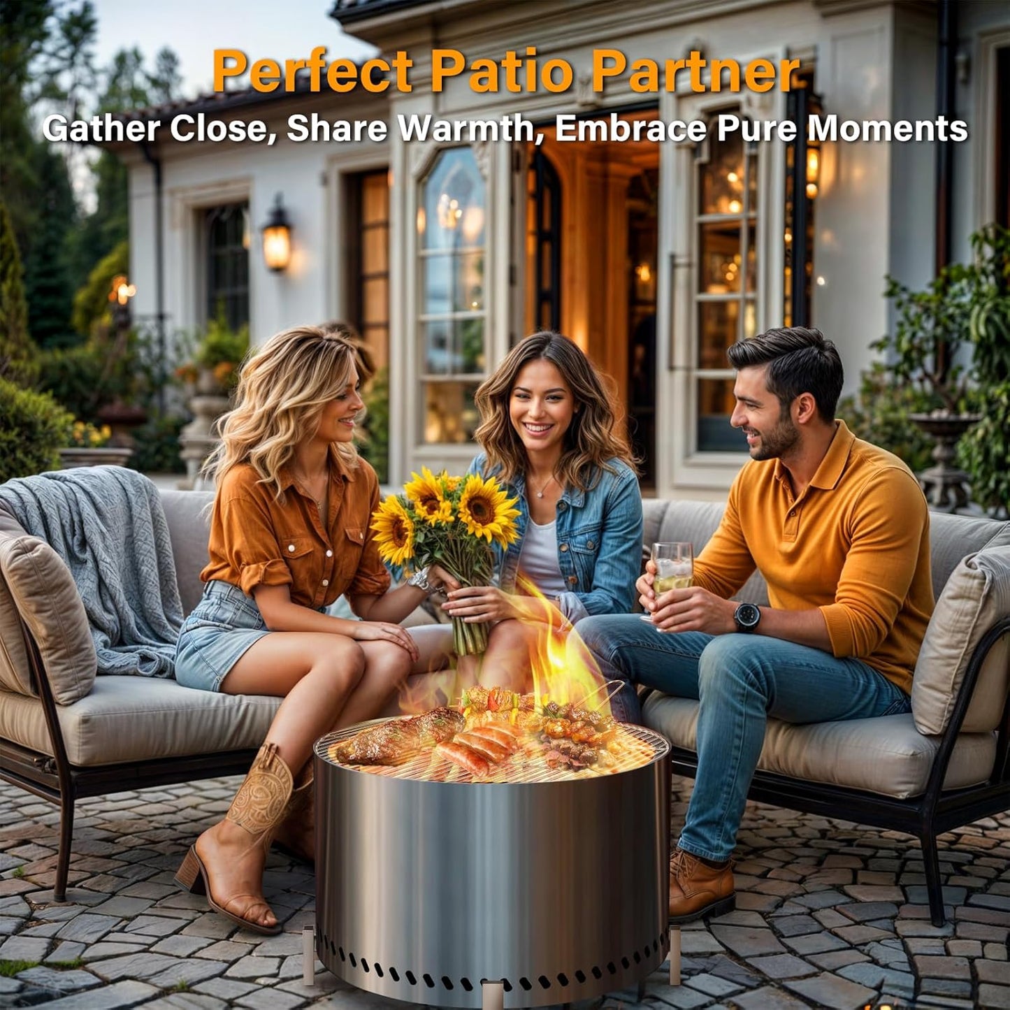 HGD 28" Smokeless Firepit with Stand & Grill Rack, Large Stainless Steel Wood Burning Fire Pit for Friends & Family Gatherings, Secondary Combustion Outdoor Patio Stove for Garden BBQ & Bonfire