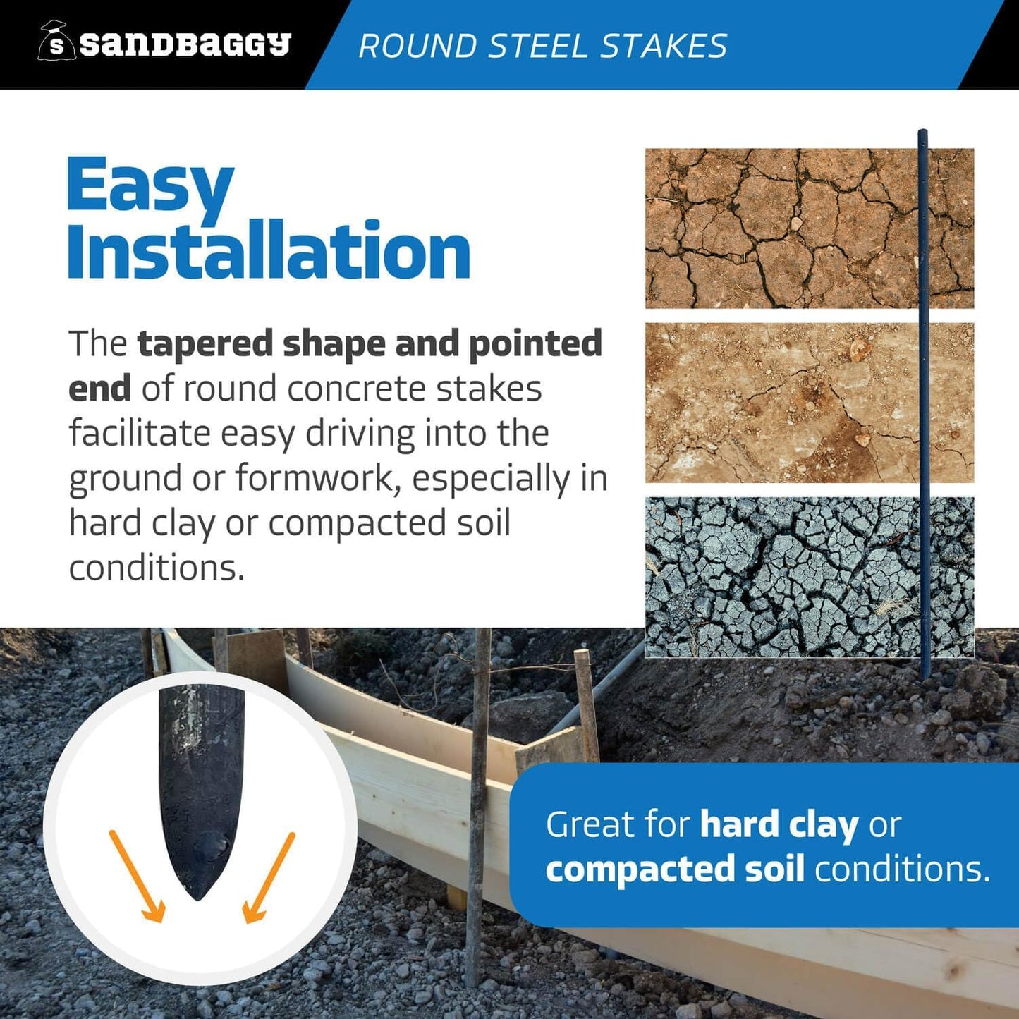 Sandbaggy Round Steel Concrete Form Stakes with Nail Holes - Rust Resistant Coating - Removable, Reusable (20, 3/4 in X 60 in)