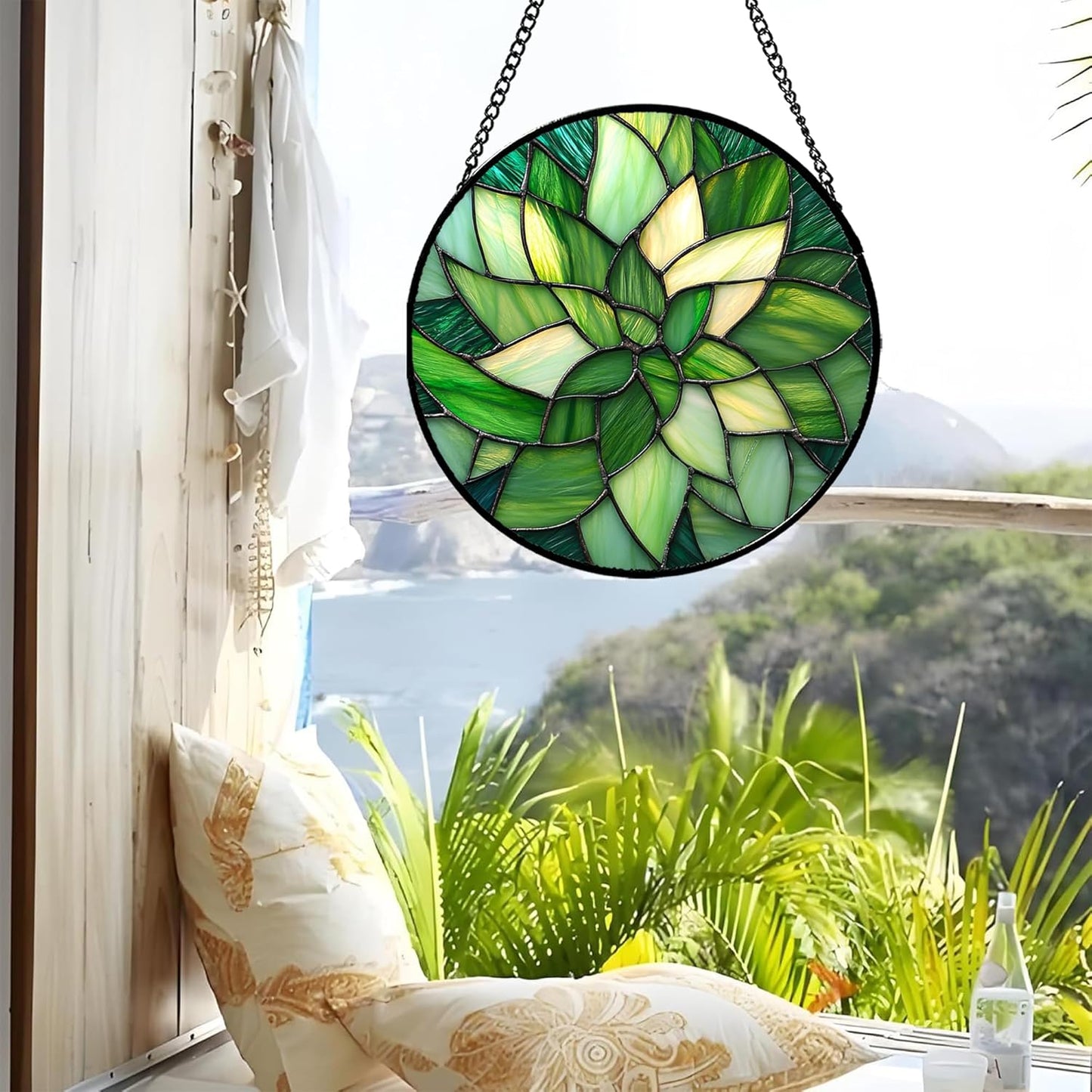 Stained Glass Window Hanging - Green Plants Suncatcher for Doors Garden Patio Flowers Sun Catchers Decor Christmas Mother's Day Birthday Gifts for Women Men Mom Nana Friend 6.3 in