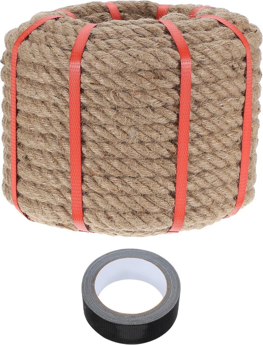 MECCANIXITY Jute Rope 0.6 Inch x 85ft, Thick Twine Rope Ropes Braided Jute Twine Natural Brown Burlap Cord String Heavy Twisted with Tape for Decorative Crafts Railing Swing Tug of War