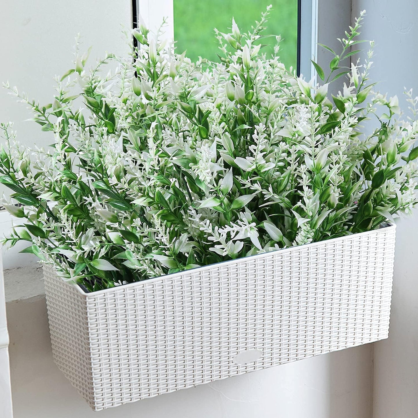 8 Pack Artificial Plants Flowers Grass Shrubs No Fade Faux Plastic Flowers Outdoor for Vases Farmhouse Garden Porch Patio Office Indoor Wedding Decoration Greenery Fake Plants (5#White)