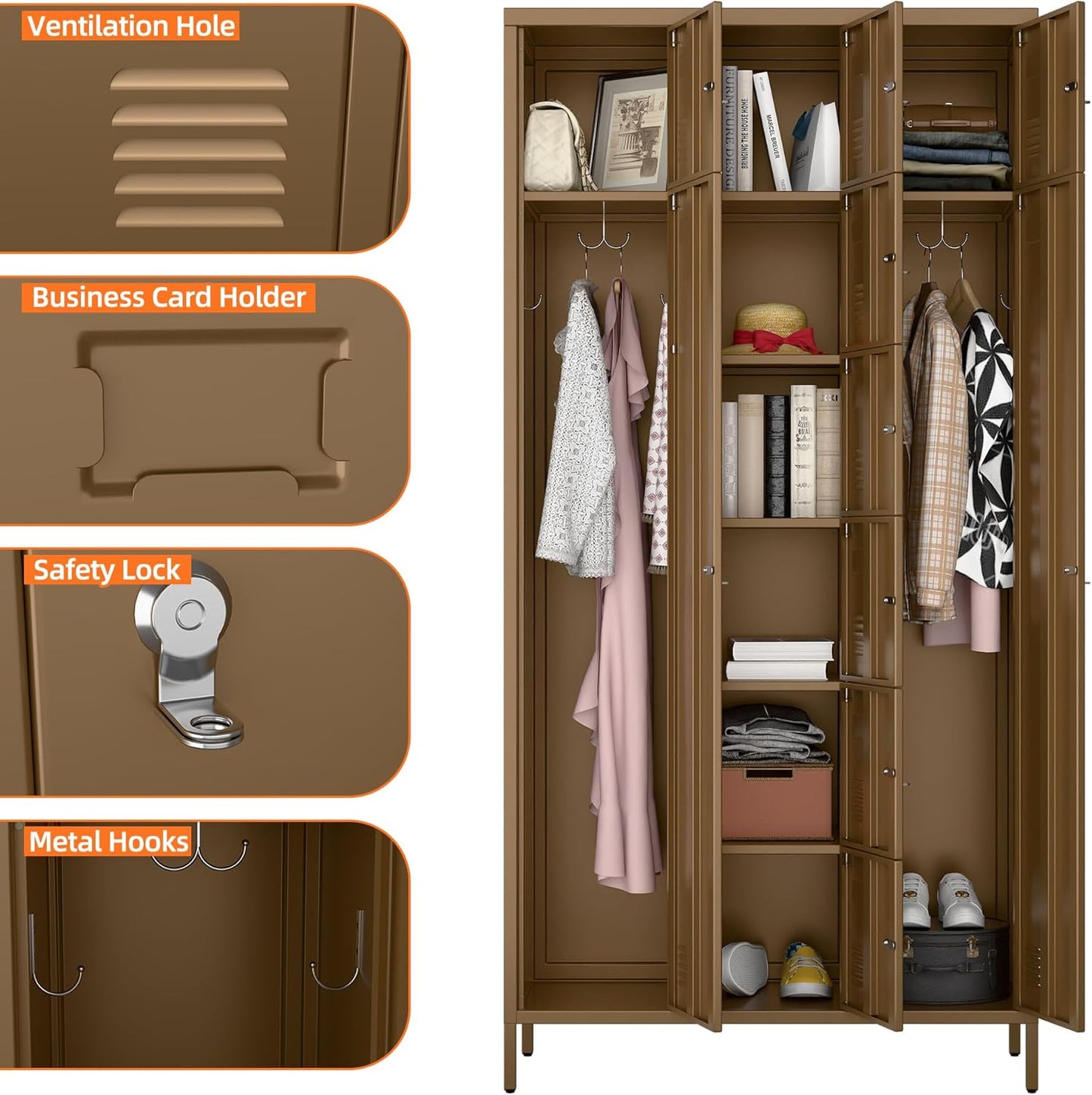 72" H Metal Storage Lockers with Doors,Industrial Combination Employee Lockers with Hooks for Office,Home Gym,School,Assembly Required,8+2Doors,Coffee