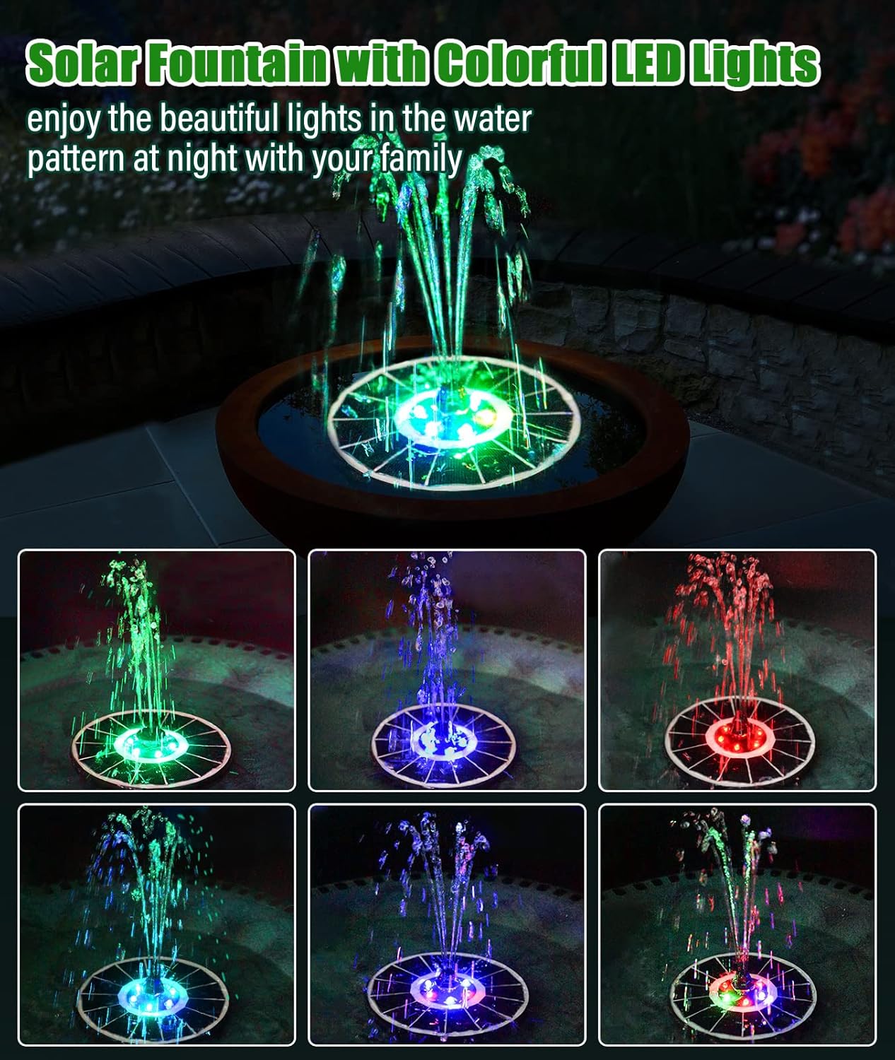 SZMP Solar Fountain Upgraded 100% Glass Panel, 3.5W Solar Powered Water Pump Built-in 2000 Battery with 7 Nozzle & 4 Fixer, Solar Bird Bath Fountain for Garden, Pool, Outdoor (Colorful)