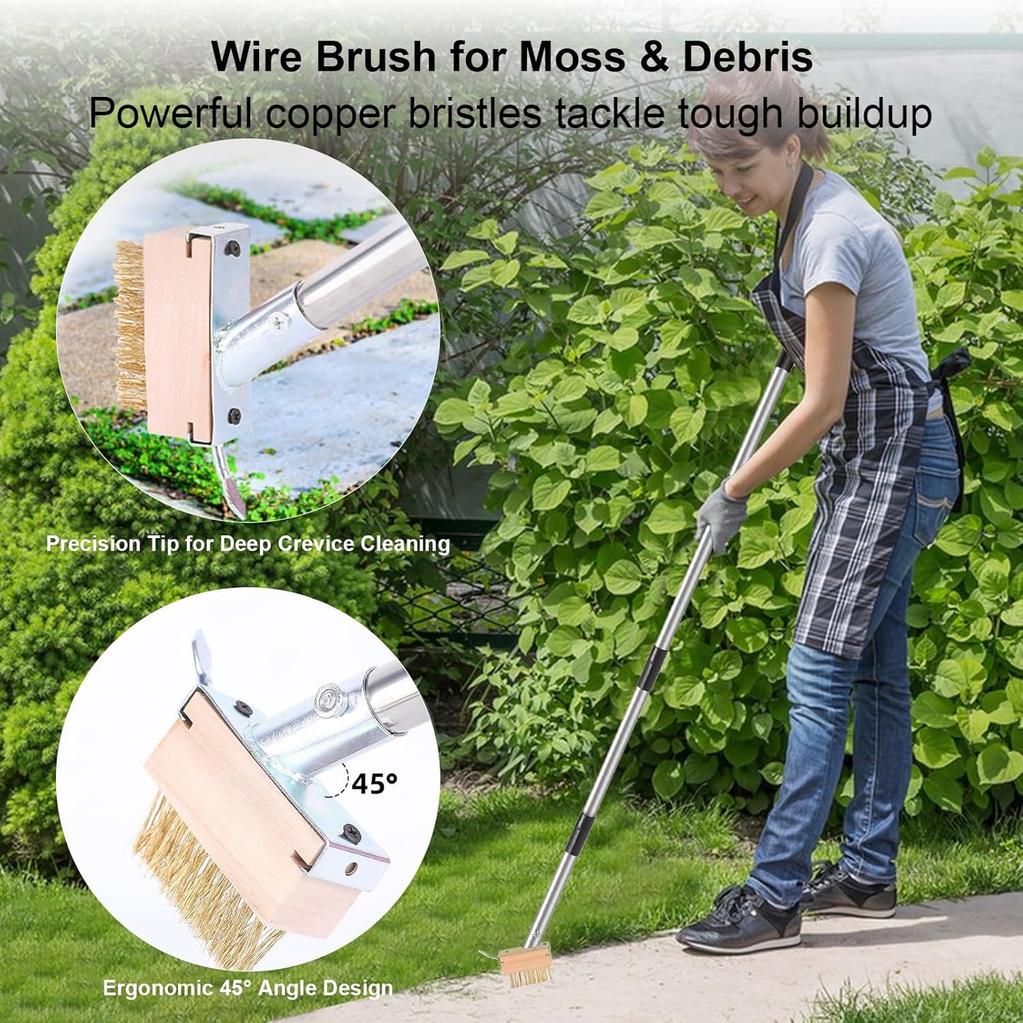 Long Handle Crack Weeder Tool Set with Adjustable 63 inch Handle, 2-in-1 Stainless Steel Crevice Weeding Tool & Brush for Weed and Moss Removal from Patios, Driveways, Sidewalk Cracks