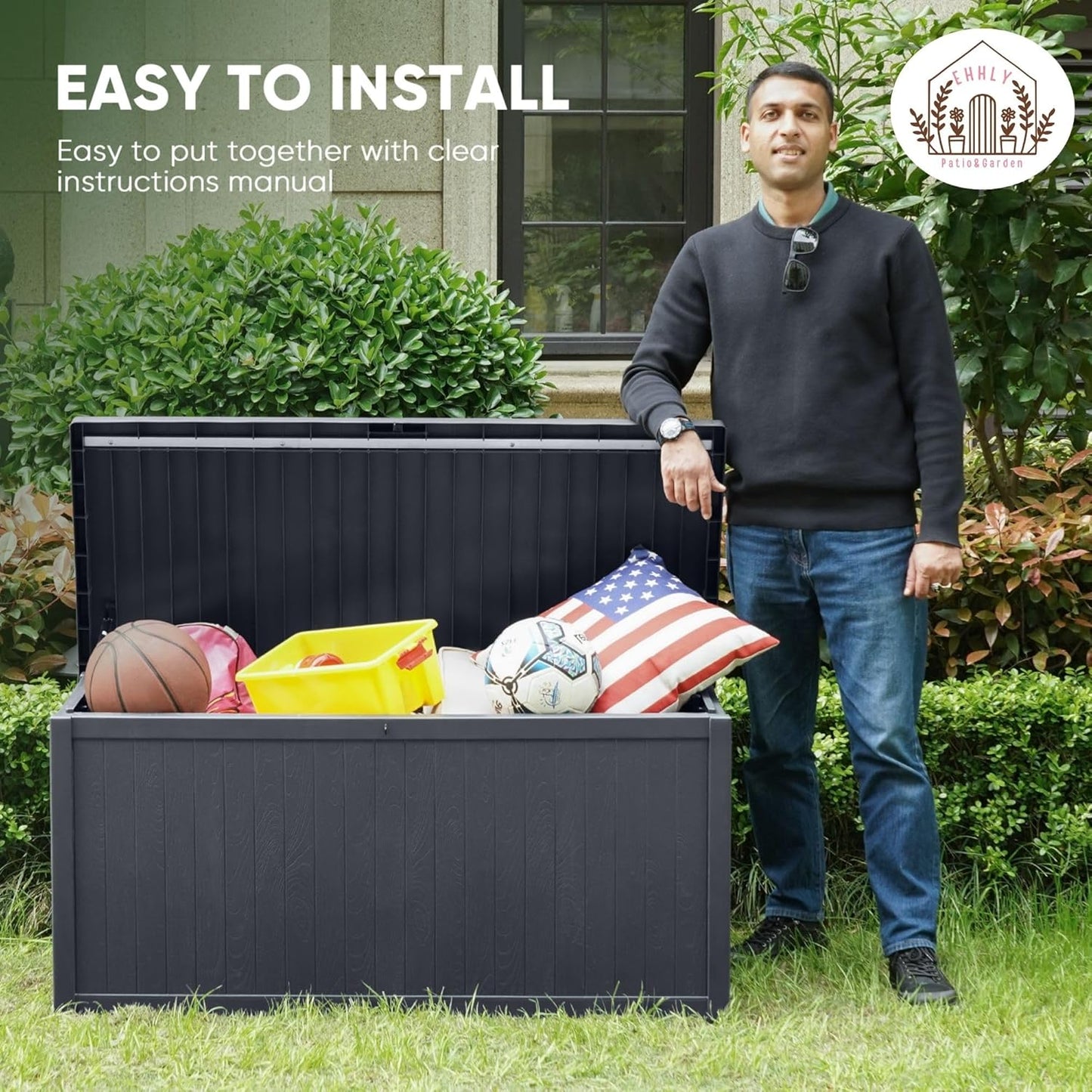 120 Gallon Outdoor Storage Box Large, Lockable Outside Containers Waterproof Patio Cushions Storage Deck Boxes, Plastic Garden Hose Boxes Resin Pool Storage Bins, Grey