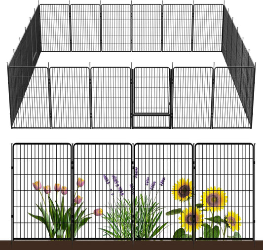 Decorative Garden Fence with Gate 45 in(H) x 53.5 ft(L) 24 Panels, Heavy Duty Metal Animal Barrier Fence for Yard, Flower Bed Fencing, Garden Border Fence, Easy Set Up, Black