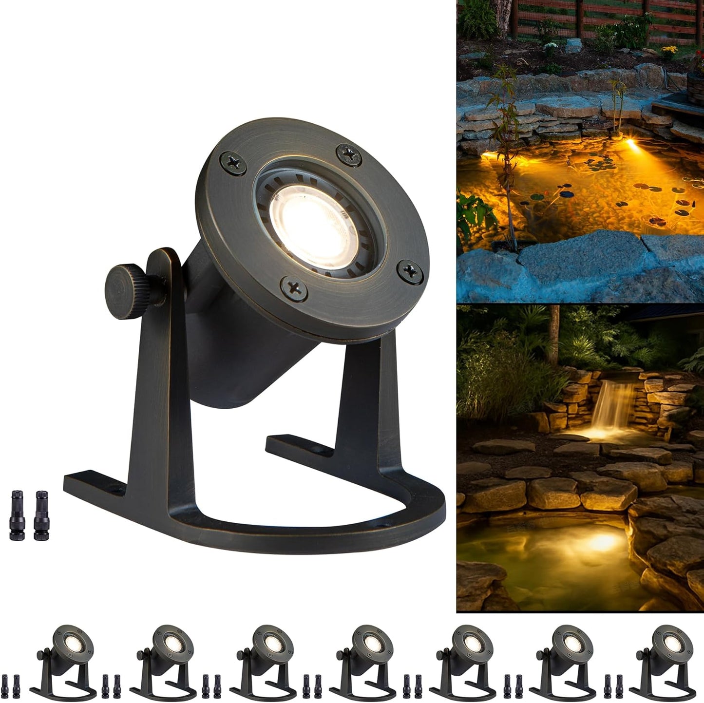 Solid Brass Underwater Pond Light - 12V Low Voltage Submersible Fountain Lights, IP68 Waterproof Bronze Pondlight with MR16 LED Bulb for Outdoor Waterfall Garden Landscape Lighting(8 Pack)