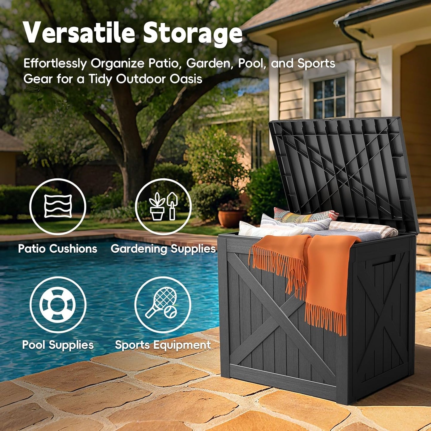Outdoor Storage Box, 35 Gallon Waterproof Resin Deck Box, Storage Bin for Package Delivery, Patio Furniture Cushion, Garden Tools, Pool Accessories, Weatherproof and UV Resistant, Black