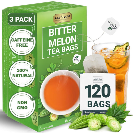 LeafLea 120 Bitter Melon Tea Bags, 100% Pure Bitter Melon Fruit. Supports Wellness and Digestion | Caffeine-Free, Sugar-Free, Vegan, Pack of 3