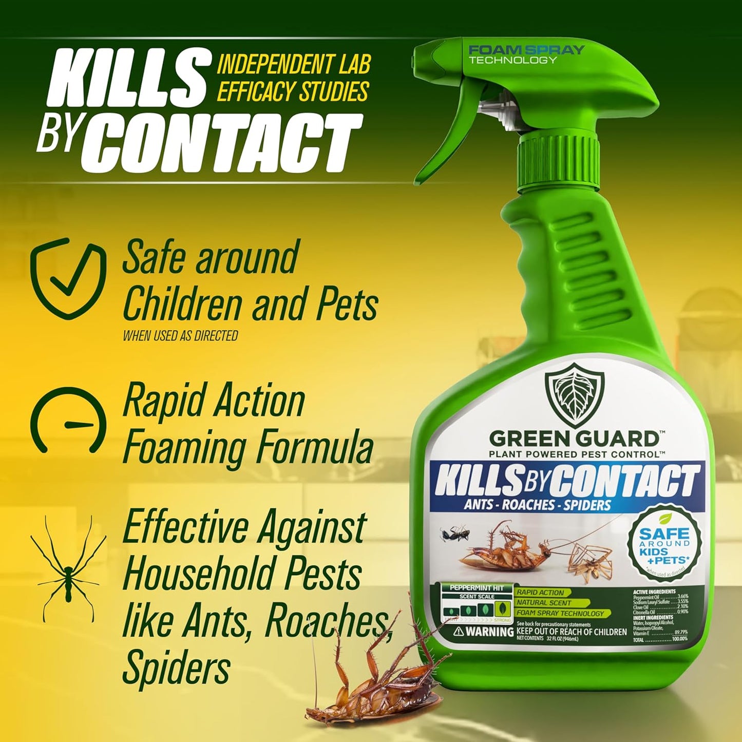 Green Guard Pest Control Spray - Indoor & Outdoor Killer of Ants, Roaches, Spiders & Other Crawling Insects, Safe Around Children & Pets, Plant-Based, Pleasant Scent (Peppermint Hit, 32oz)