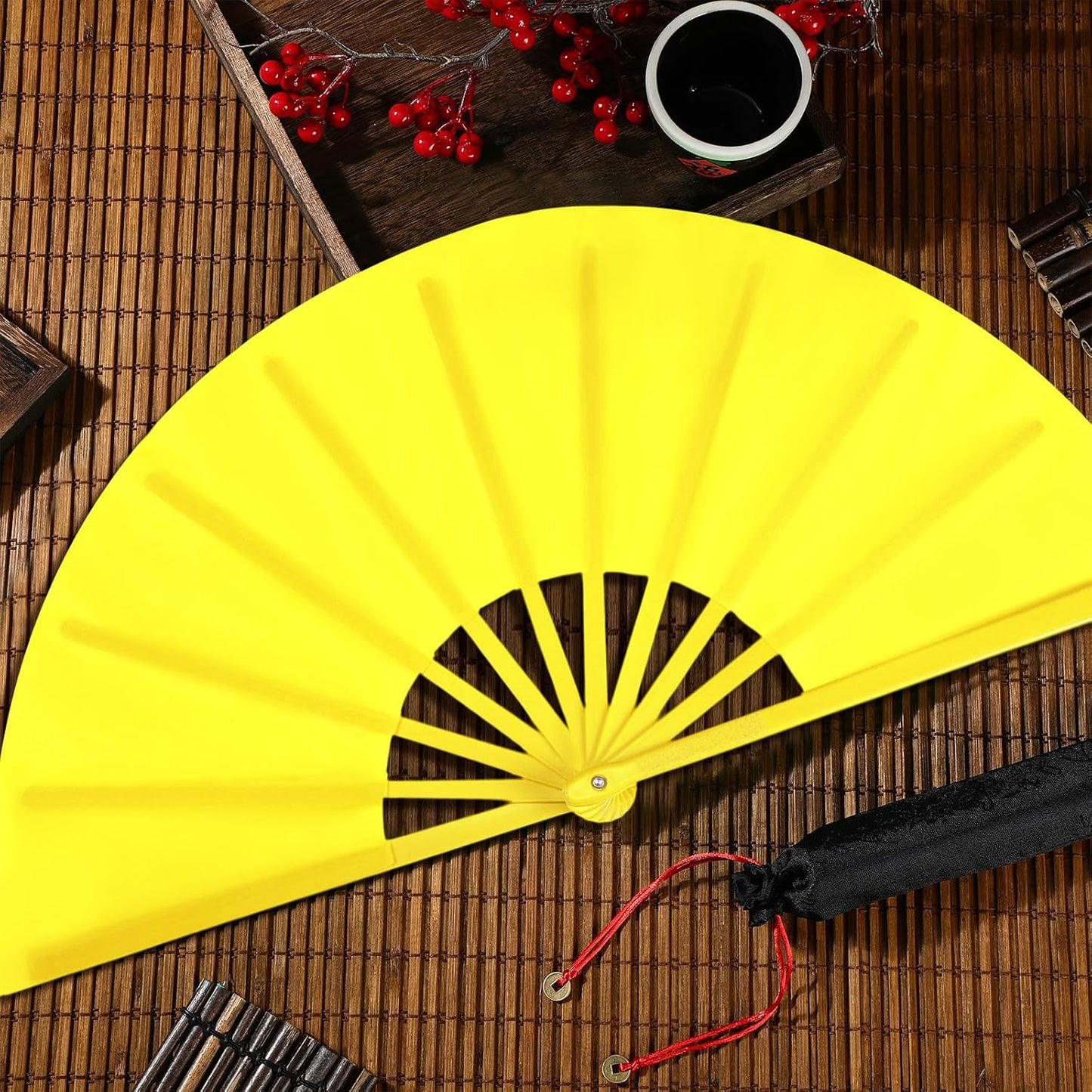 Maitys 2 Packs Large Clap Fans for Line Dancing Large Chinese Folding Hand Fans for Men and Women, Festival, Tai Ji, Kungfu, Martial Art, Gifts (Red and Yellow)