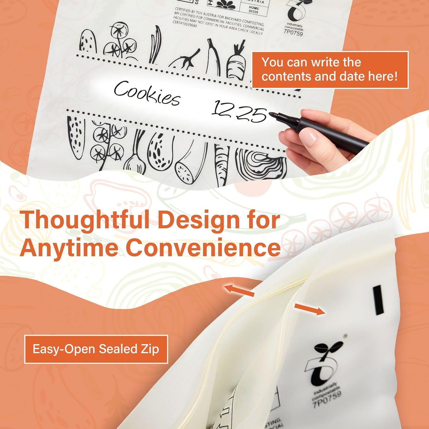 Compostable Food Storage Bags, Resealable Sandwich Bags, 50 Count, 6.7 x 6.8 inches, Extra Thick and Reusable, Eco-Friendly, Certified US BPI ASTM D6400 Europe OK Compost